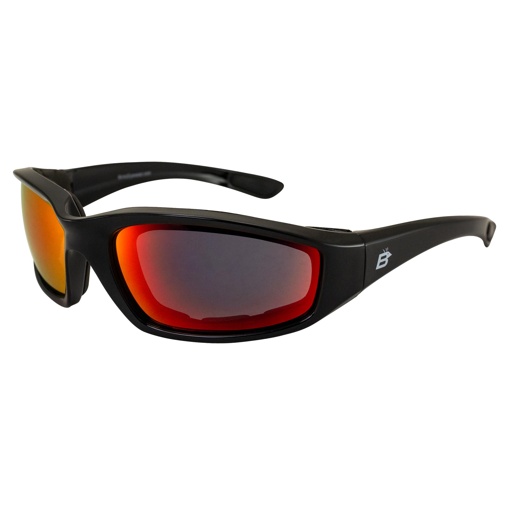 Birdz Eyewear Oriole Padded Motorcycle Riding Sunglasses Gloss Black Frame With Red G-Tech Reflective Lenses