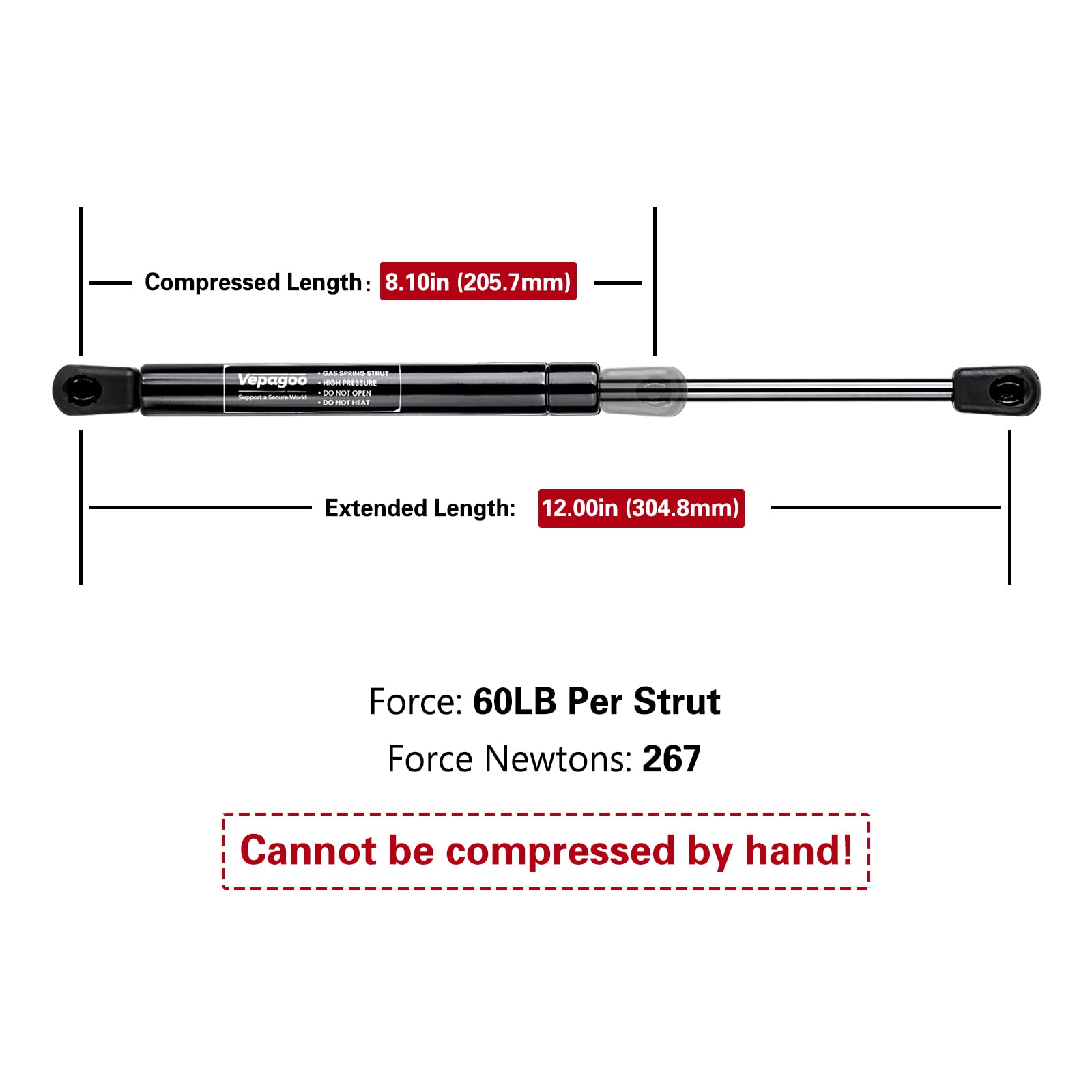 Vepagoo 12 Inch 60Lb Gas Struts Shocks For Camper Shell Rear Window, Weatherguard Tool Box Lid, Truck Canopy Cap Cover, Lift Sup
