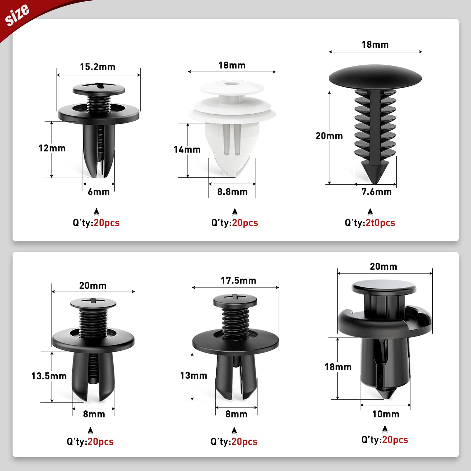 Nilight 120Pcs Car Retainer Clips Fastener Remover 6Mm 7.6Mm 8Mm 8.8Mm10Mm Expansion Screws Replacement Kit Bumper Push Rivet Cl