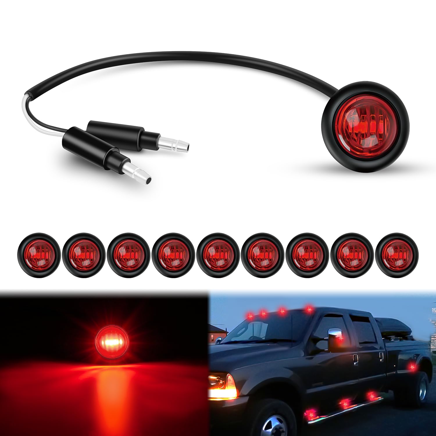 Nilight 3/4Inch Round Marker Light 10Pcs Red Led Clearance 2 Connectors Side Indicator Bullet Lights Ip68 Waterproof For Trailer