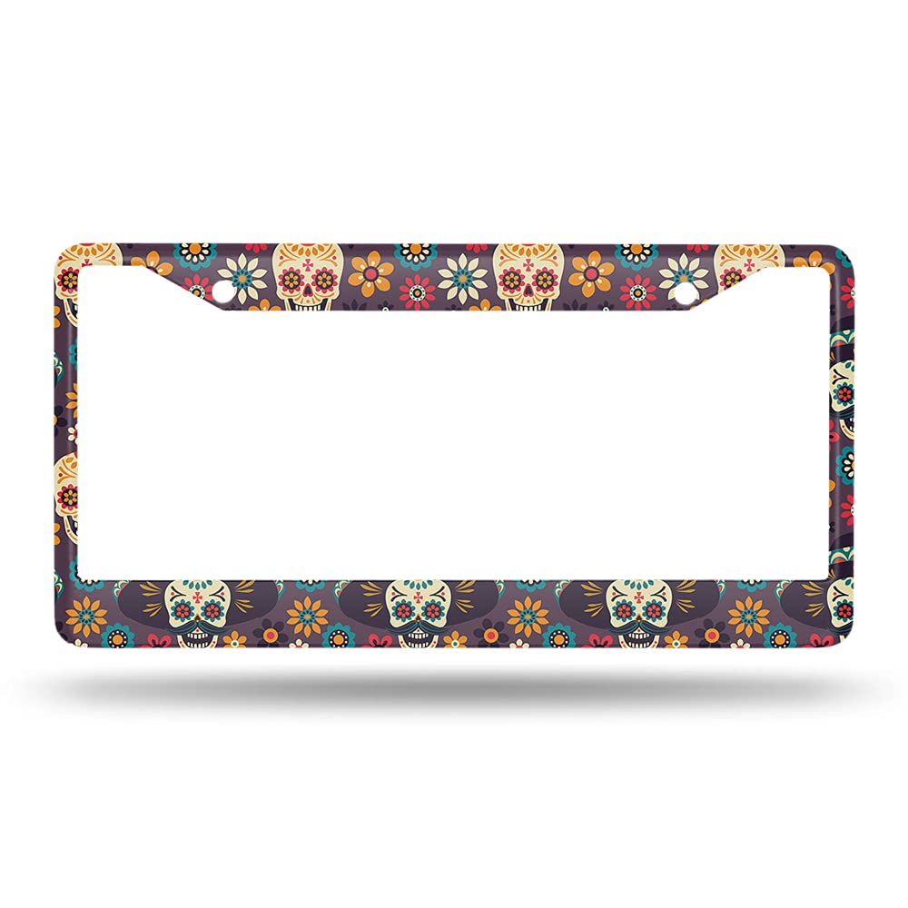 Beabes Sugar Skull And Flowers License Plate Frame Dead Skull Novelty License Plate Frame Gothic Pattern License Plate Car Tag H