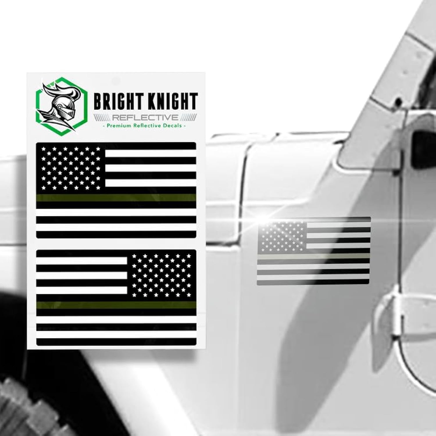 Bright Knight Reflective Flag Sticker, 3'' X 5.75'' Greenline American Flag Sticker Mirrored 1 Pair With Retro-Reflective Vinyl,