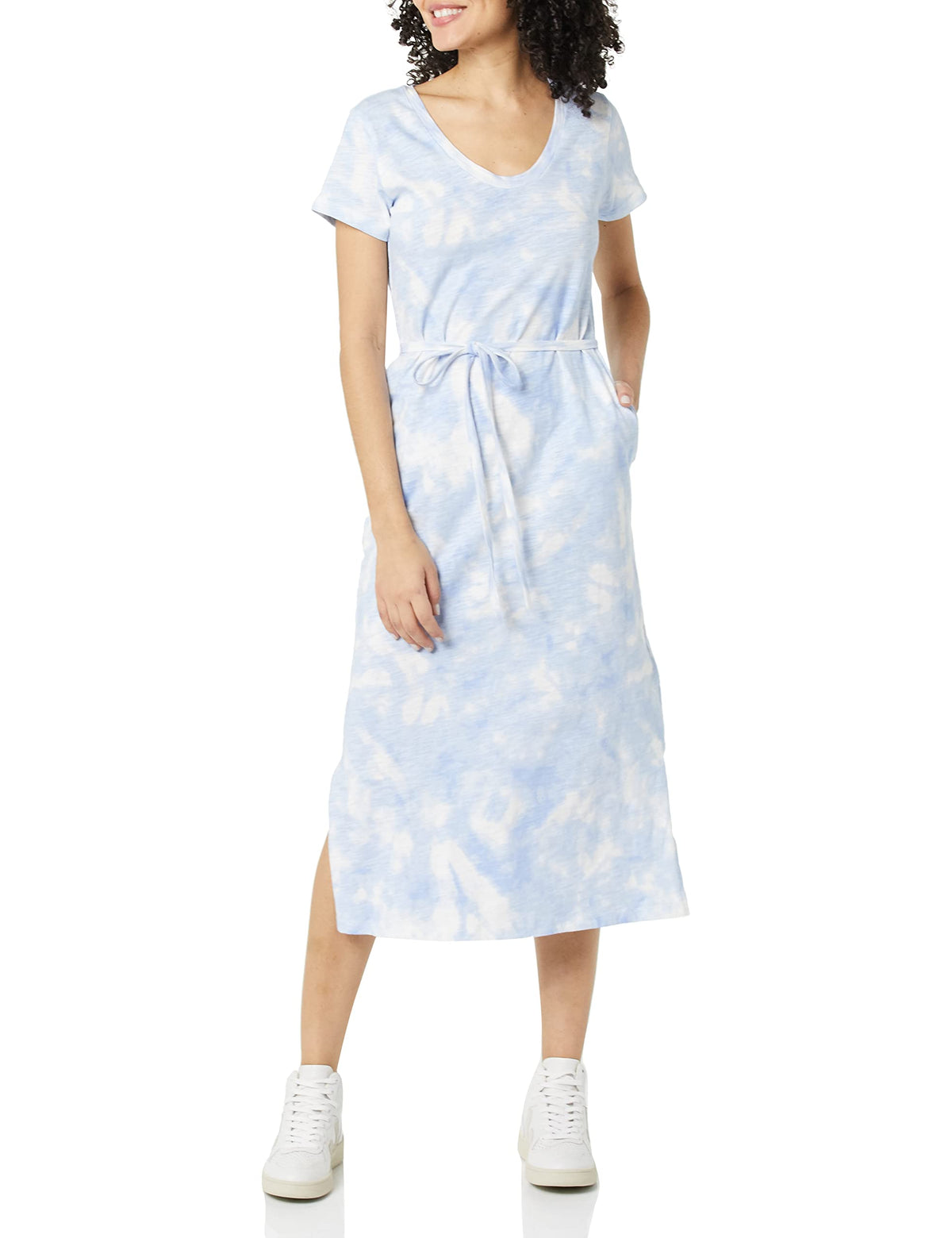 Amazon Essentials Womens Short Sleeve Belted Midi T-Shirt Dress, Blue, Tie Dye, X-Small
