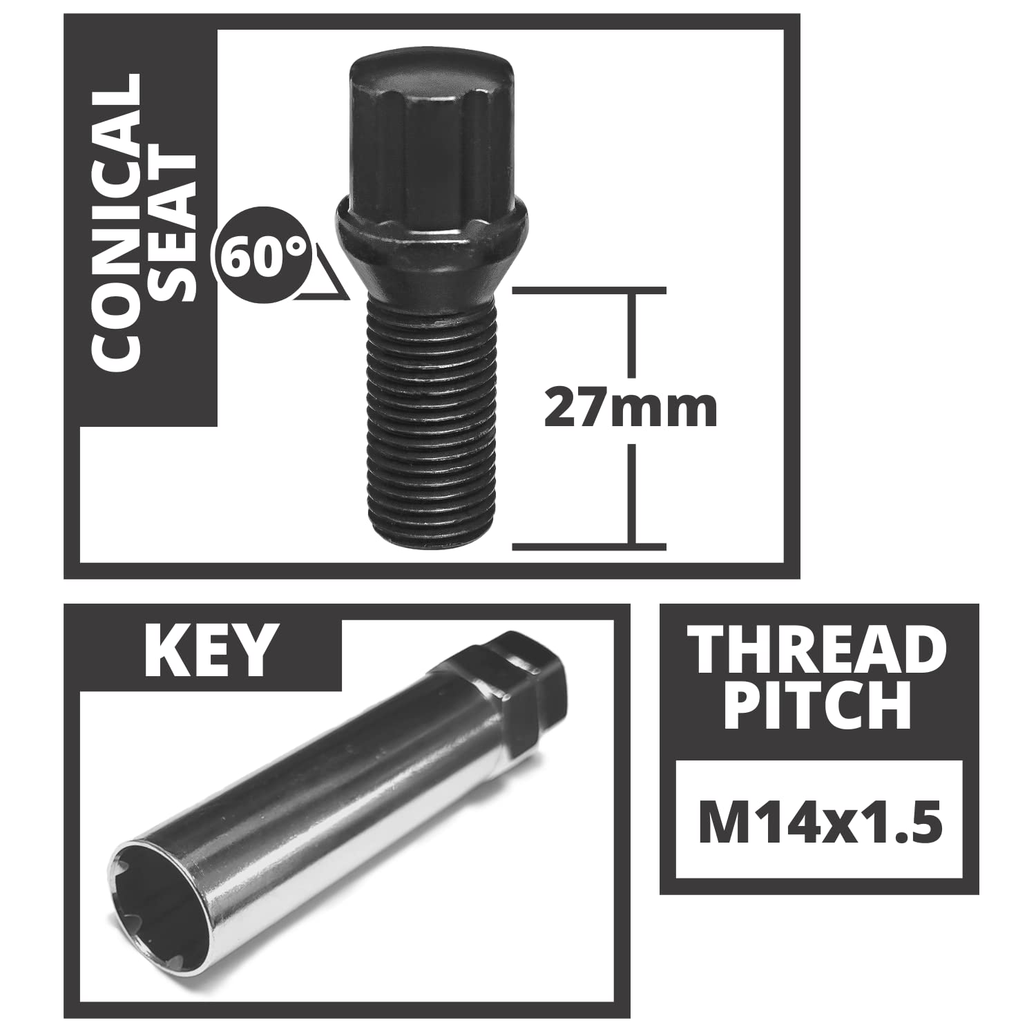 West Coast Wheel Accessories 14X1.5 Conical Spline Lug Bolt 27Mm 5 Lug Install Kit Black