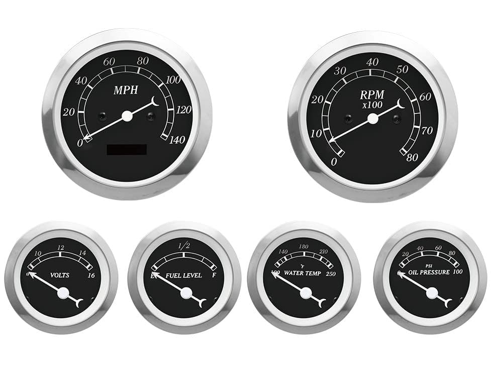 MOTOR METER RACING Classic 6 Gauge Set with ECU Based Electrical Speedometer Digital Odometer Black Dial White Needle Light Bulb