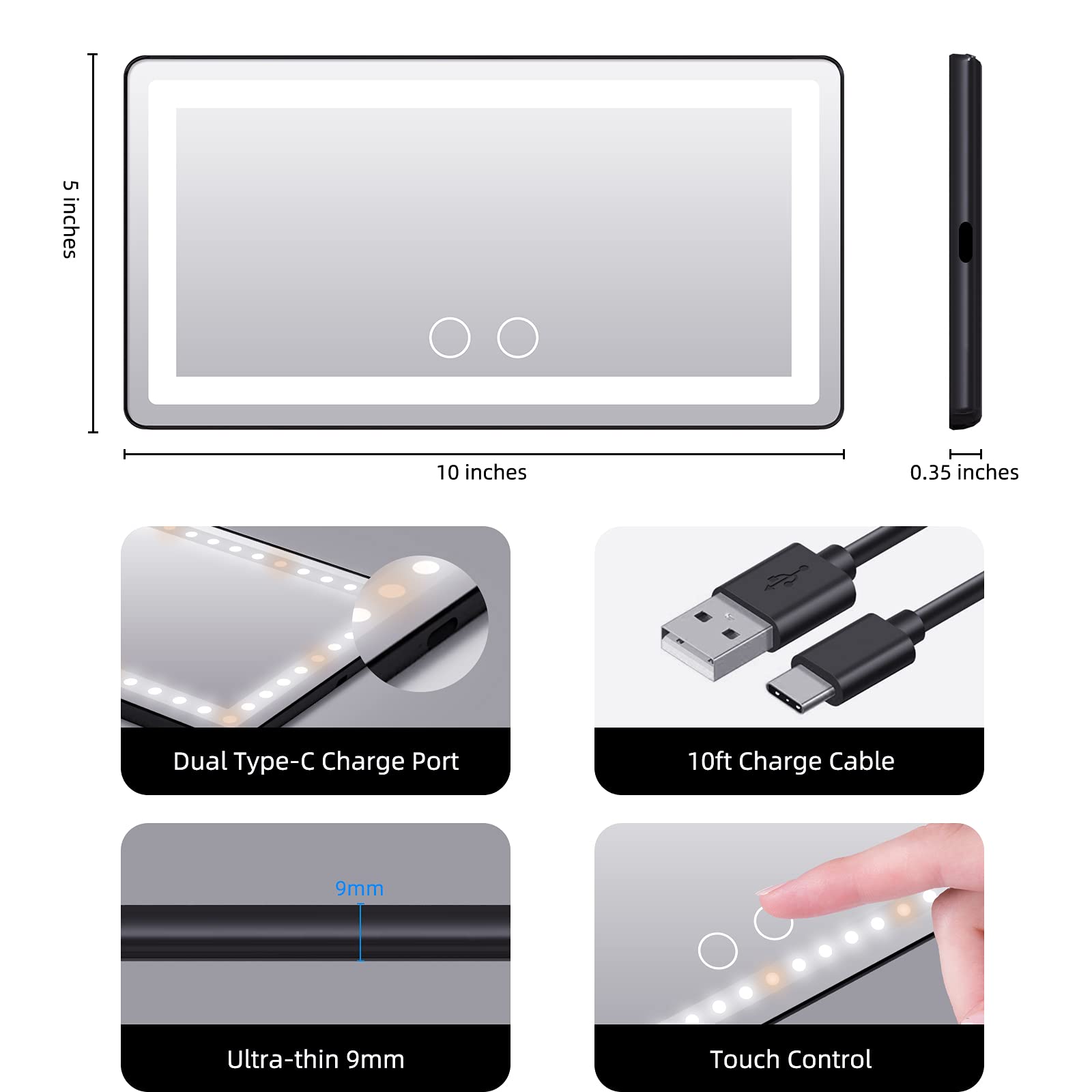 Car Sun Visor Vanity Mirror, Rechargeable Makeup Mirror With 3 Light Modes & 60 Leds - Dimmable Clip-On Rear View Sun-Shading Cosmetic Mirror, Universal For Car Suv(Black)