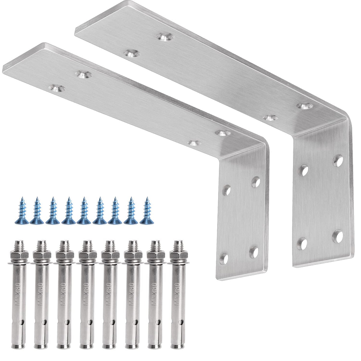 Yumore Shelf Bracket 8 Inch, Heavy Duty (1/5') Thick Solid L Brackets, Max Load: 230Lbs, Stainless Steel Countertop Bar Top Support Brackets Wall Mounted, Includes Hardware, 2 Pack