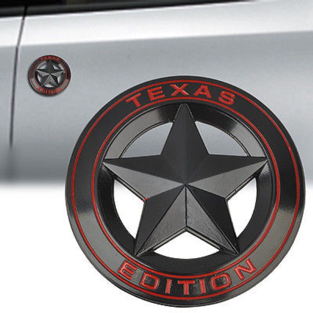 Muzzys (Set of Two) Texas Edition Star Black and Red Round 3'' Shield Emblem Universal Stick-On FITS Tundra, Tacoma, F150, Silve
