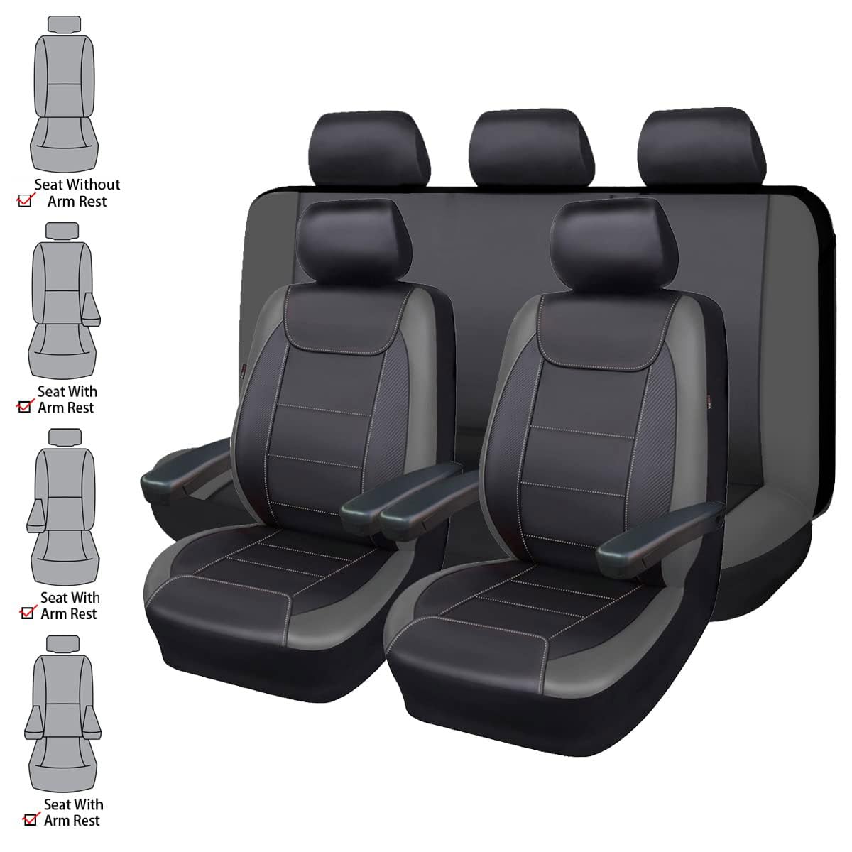 Flying Banner Car Seat Covers Protects Water Proof Faux Leather Carbon Fiber Front And Rear Bench (Black Gray, Full Set - 8Pcs)