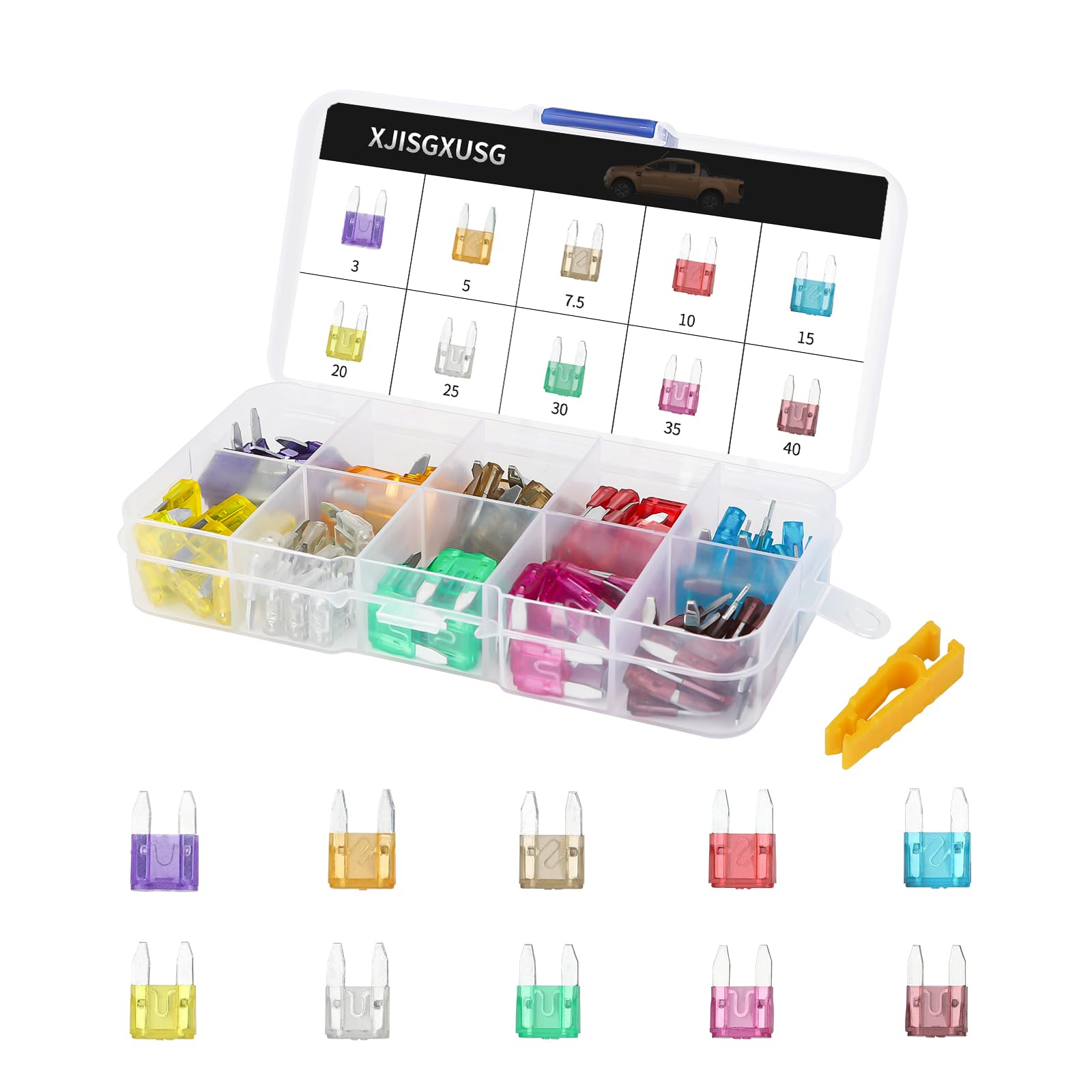 Xjlsgxusg 100Pcs Mini Fuse Kit - Car Fuses Assortment Kit(3Amp 5A 7.5A 10A 15A 20A 25A 30A 35A 40A) For Car/Marine/Truck/Rv/Moto