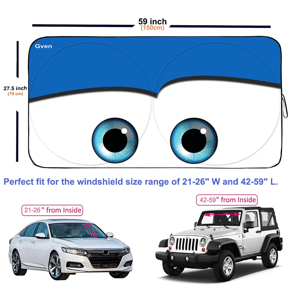 Gven Windshield Shade, Car Sun Shade For Front Windshield Funny Car Eyes Sunshades Sun Visor Protector Blocks Uv Rays Foldable 210T Keep Your Vehicle Cool (Eyes-Blue, Standard)