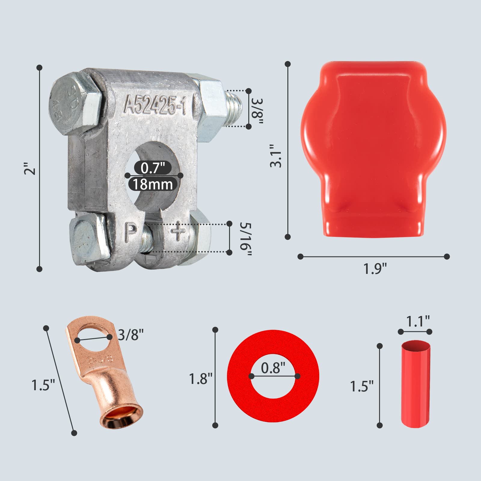 Battery Terminal Connectors, Military Spec Positive Negative Heavy Duty Battery Terminals With Cover, 3/8' Copper Lugs, Heatshrink, Anti Corrosion Washer For Vessels Cars Boats Rvs