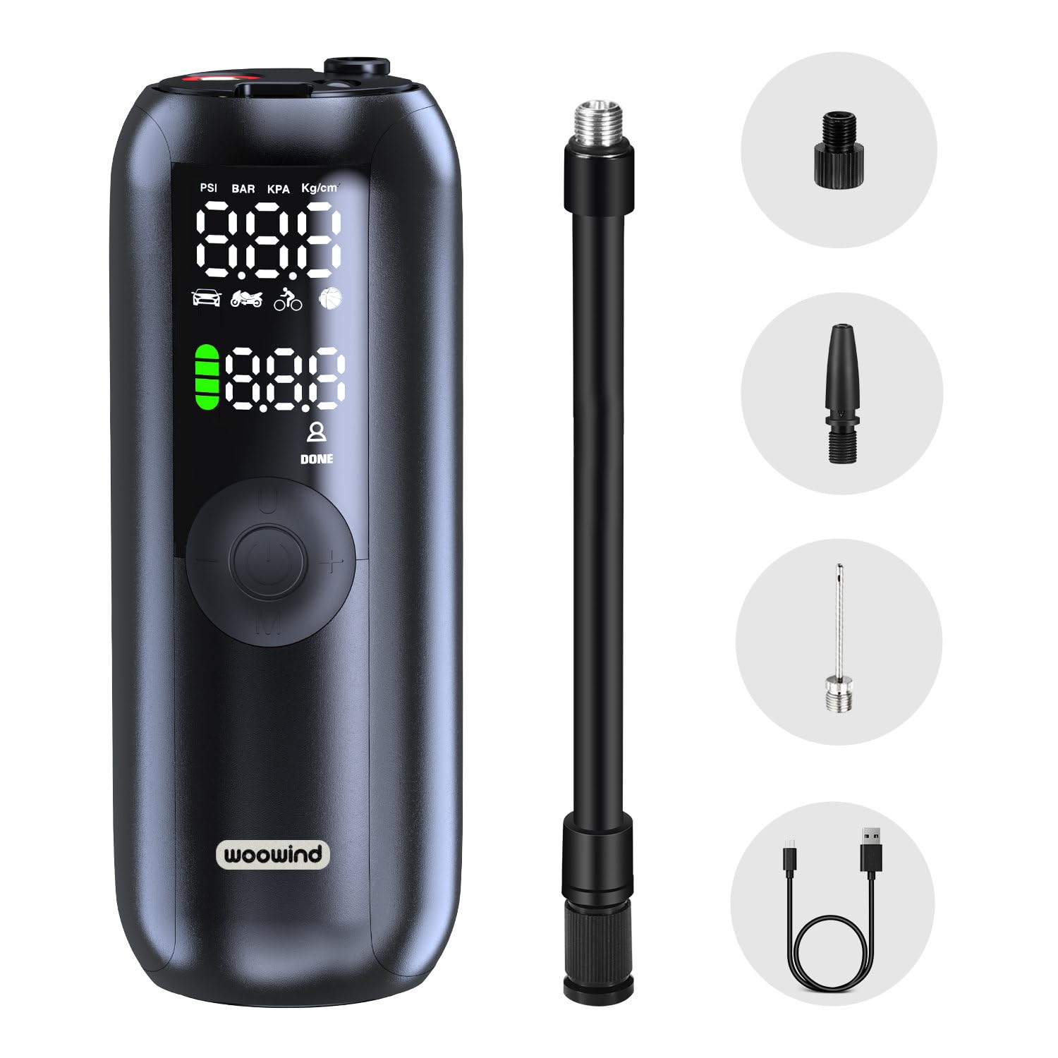 Woowind Lp1 Bike Pump Car Tire Inflator Bicycle Pump, Portable Air Compressor For Car, Bike, Max 150 Psi, Auto Shut-Off Air Pump With Presta Valve Schrader Valve And Dunlop Valve