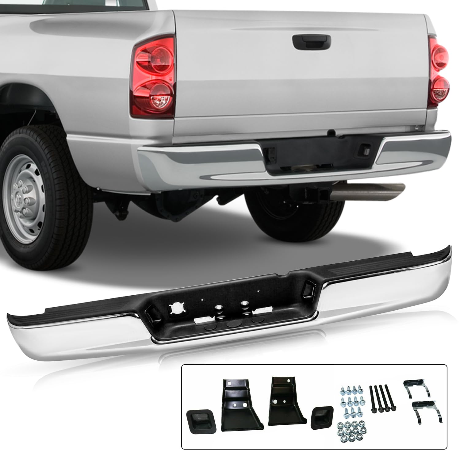 Jsboyat Rust Resistance Rear Bumper Assembly Fits For 2002-2008 Dodge Ram 1500/2003-2009 Ram 2500 3500 Pickup Heavy Duty Chrome Back Bumpers W/Top Pads License Plate Lamp Ch1103111