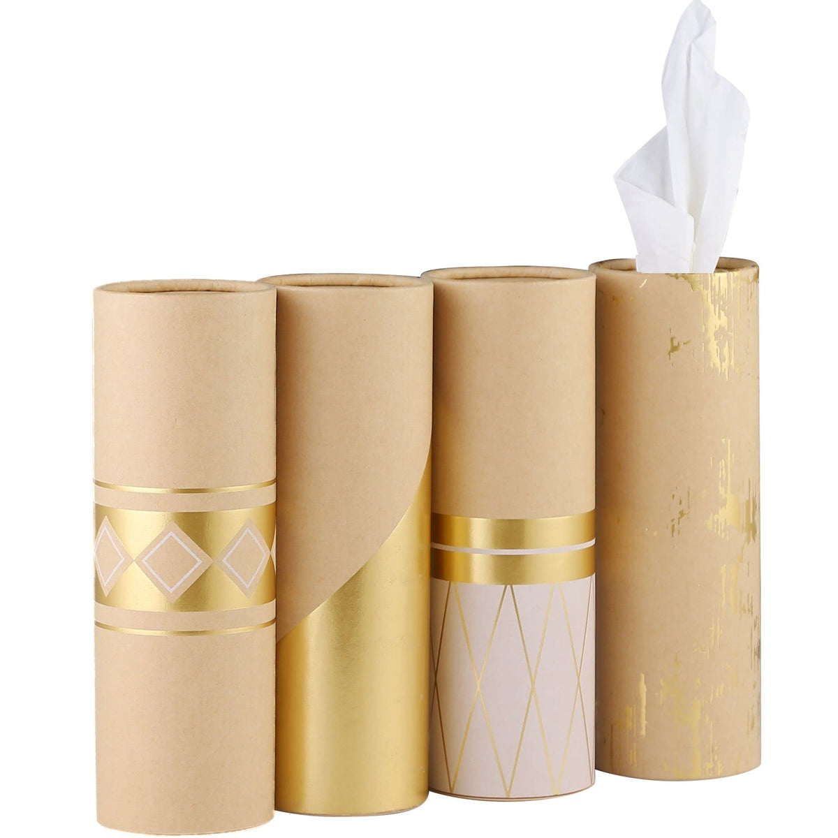 Car Tissue Holder With 3-Ply Facial Tissues Bulk - 4 Pk Gold Foil Cylinder, For Car, Travel Cup Holder, Refill Box Round Contain