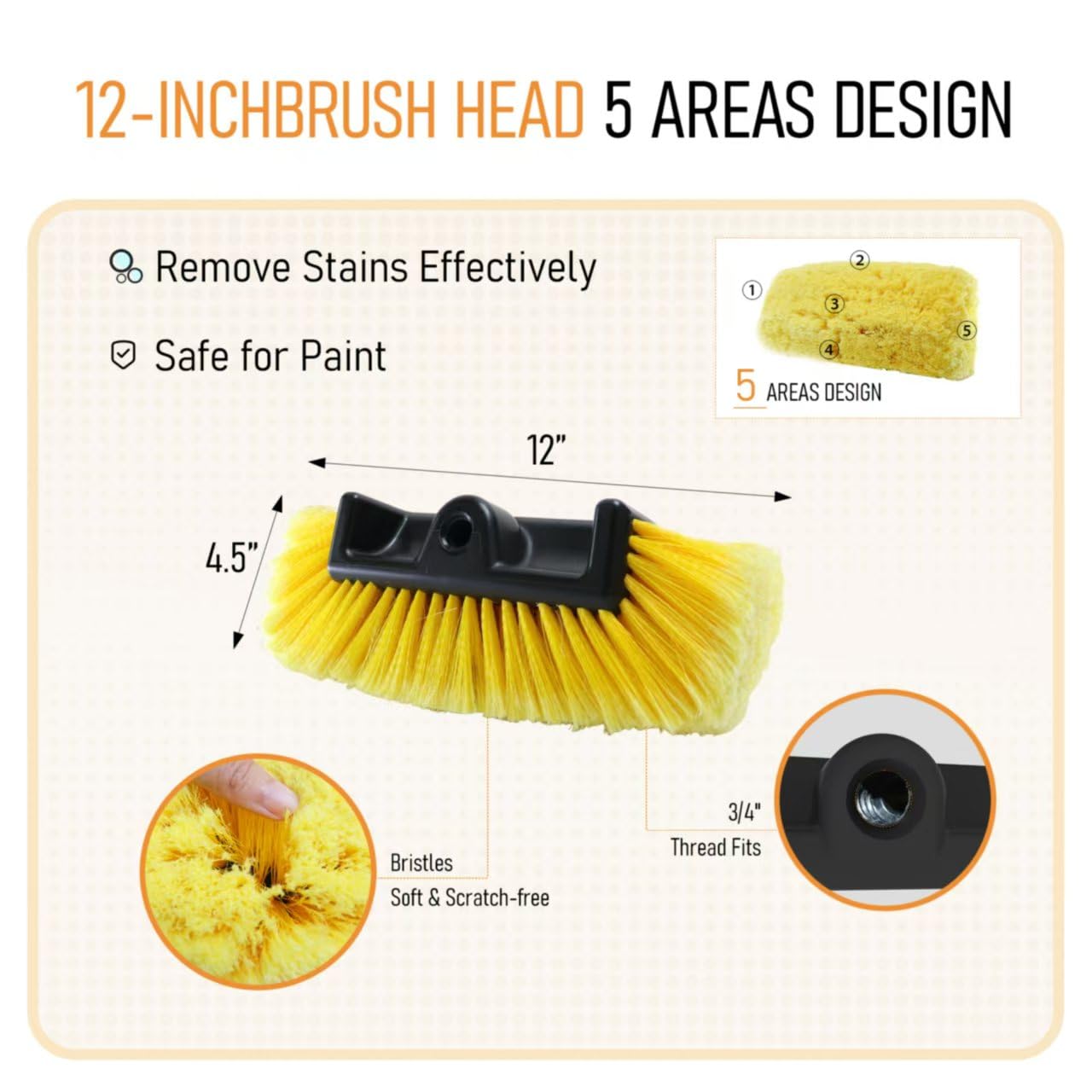 Yuloosi Car Wash Brush With 56'' Long Handle | Car Wash 12'' Dip Soft Five-Sided Brush | No Scratch Soft Bristle Brush For Car,