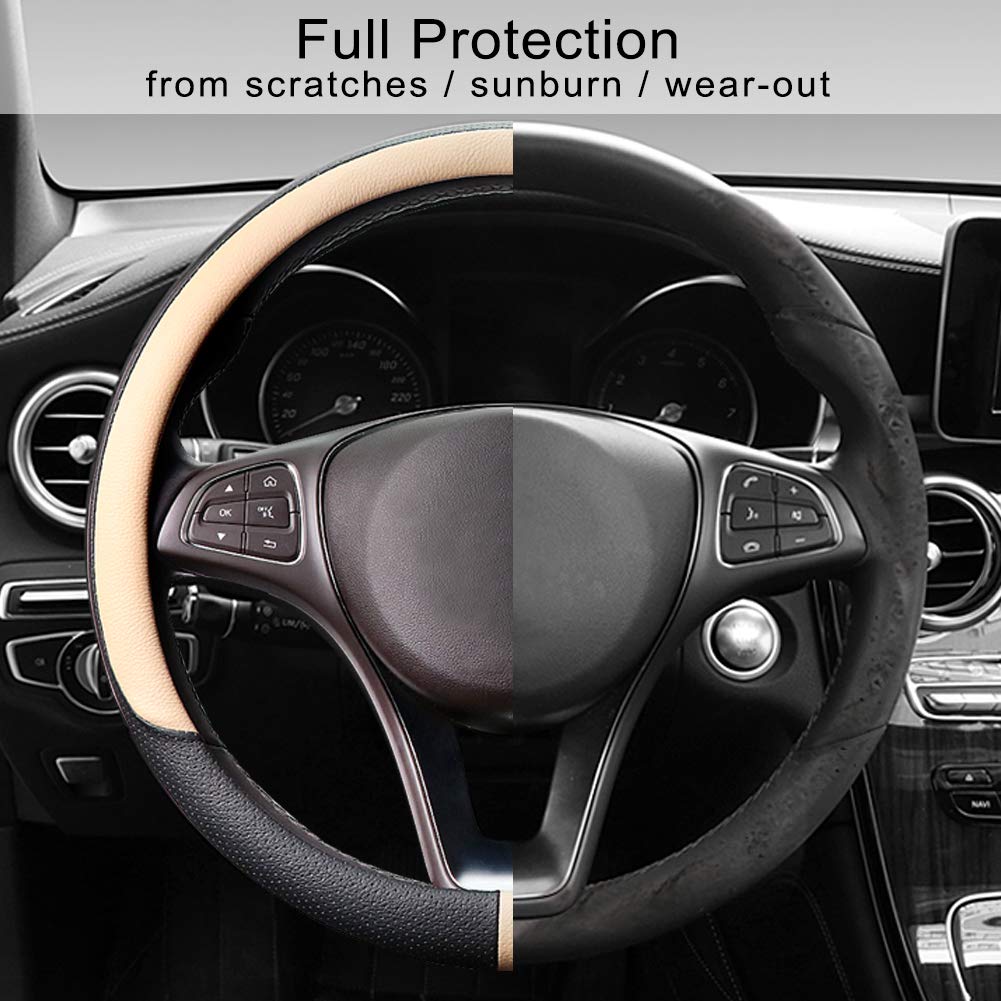 Cofit Breathable Car Steering Wheel Cover Leather Auto Universal 15 Inch Non-Slip Wrap Protection, Beige (Suit For 14 1/2-15 Inc
