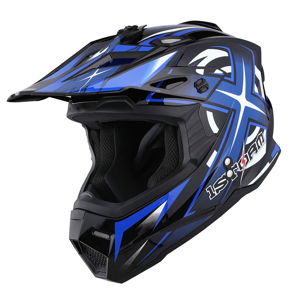 1Storm Motocross Adult Helmet Bmx Mx Atv Dirt Bike Helmet Racing Blue + Goggles + Skeleton Blue Glove Bundle