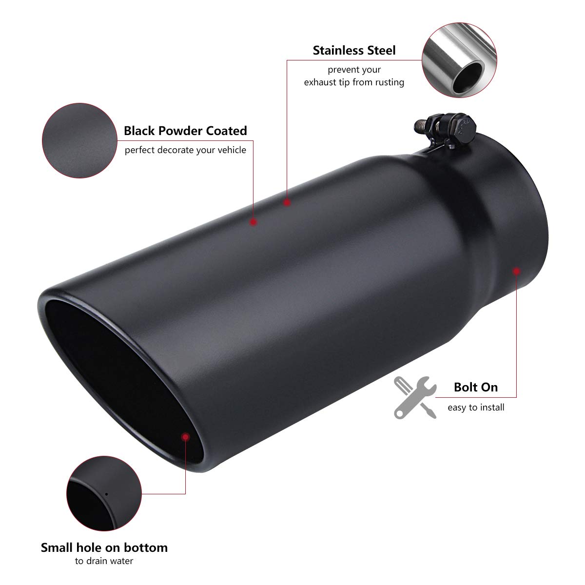 LCGP 4'' to 5'' Diesel Exhaust Tip, 12'' Overall Length Bolt On Design Truck Tail Tip, Black Powder Coated,Rolled Angle Cut Desi