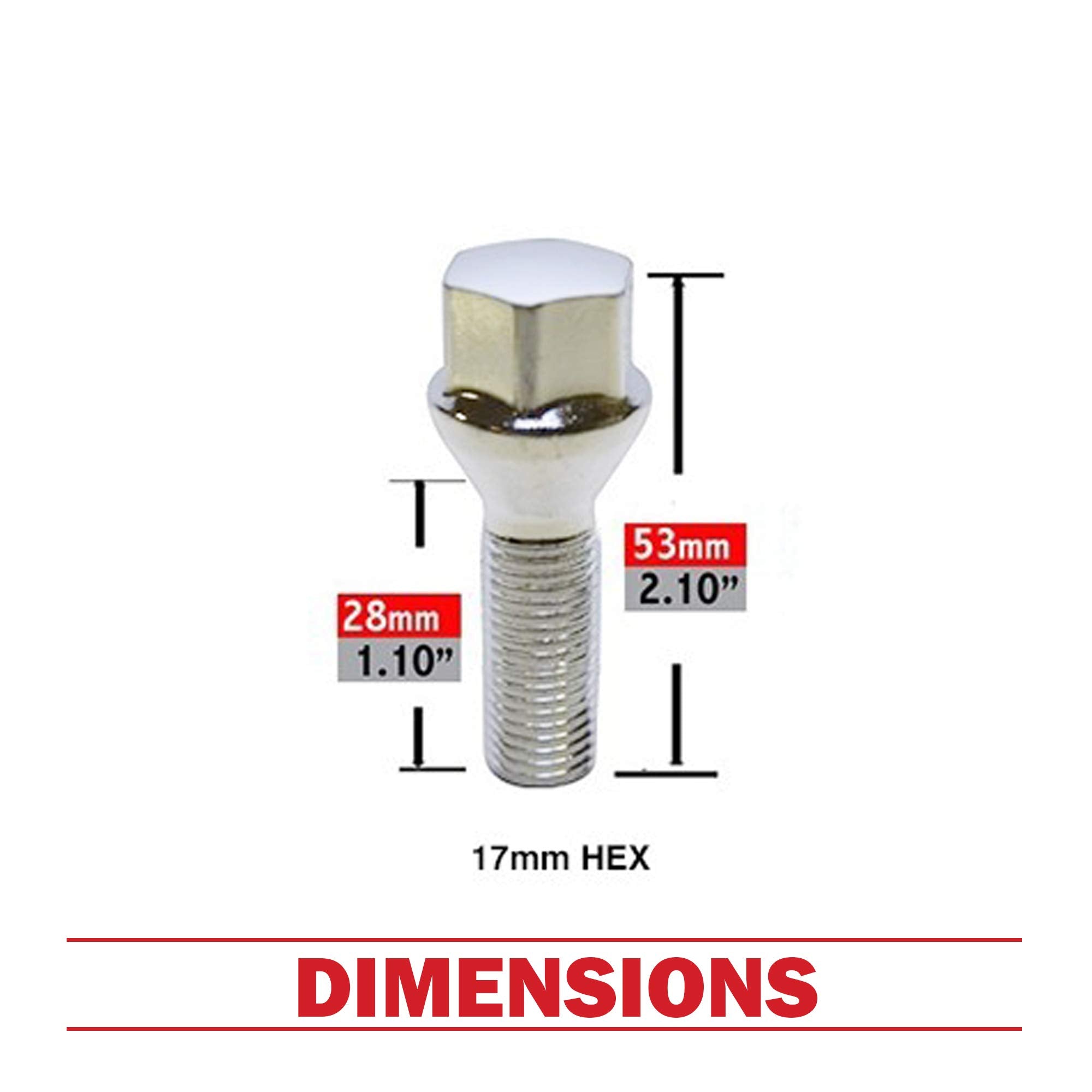 Wheel Accessories Parts Set Of 20 Chrome 14X1.25 Conical Lug Bolts With 17Mm Hex, 28Mm Shank Length, M14X1.25 Thread For Afterma