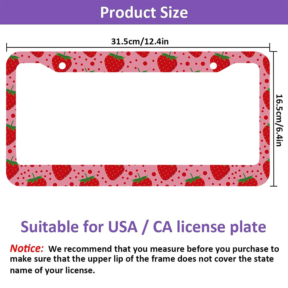 Beabes Cute Strawberry Pattern Fruit Pink License Plate Holder Polka Dots Red Frame License Plate Cover Car Accessories 2 Holes