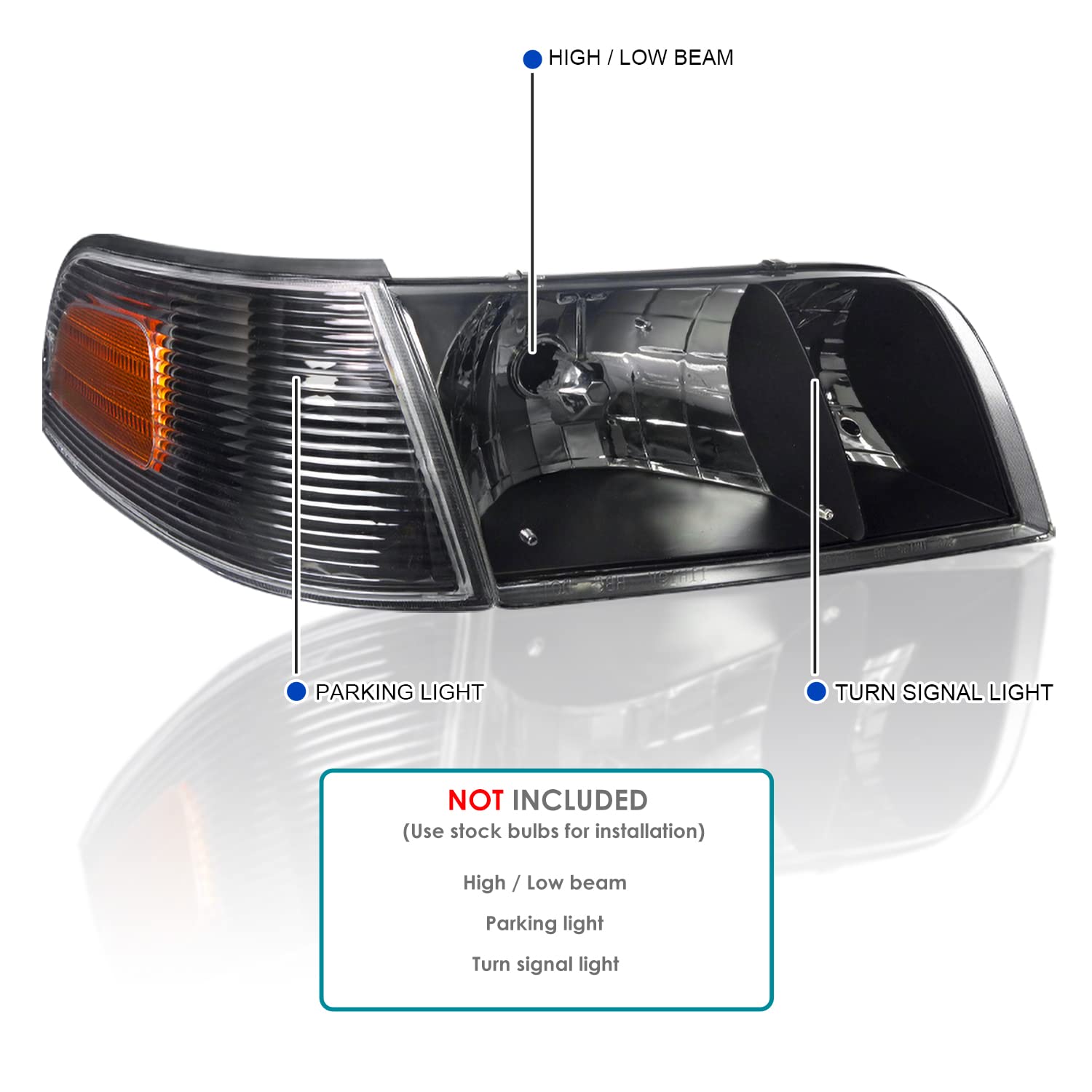 Spec-D Tuning Black Housing Clear Lens Headlights + Corner Lights Compatible With 1998-2011 Ford Crown Victoria L+R Pair Head Li