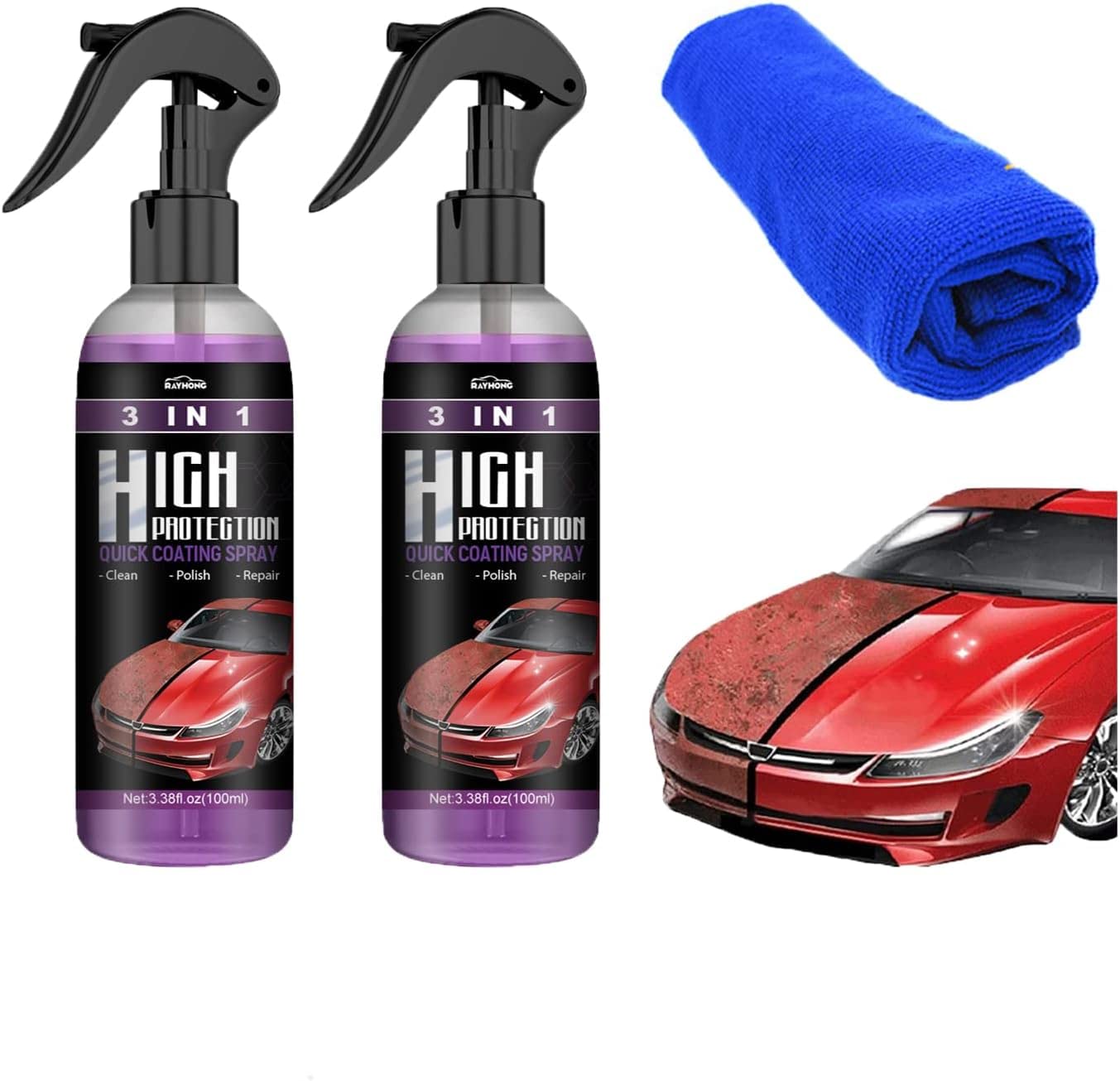 2 Pack 3 In 1 High Protection Quick Coating Spray,High Protection Quick Car Coating Spray,Car Coating Cleaning Spray,Quick Coat