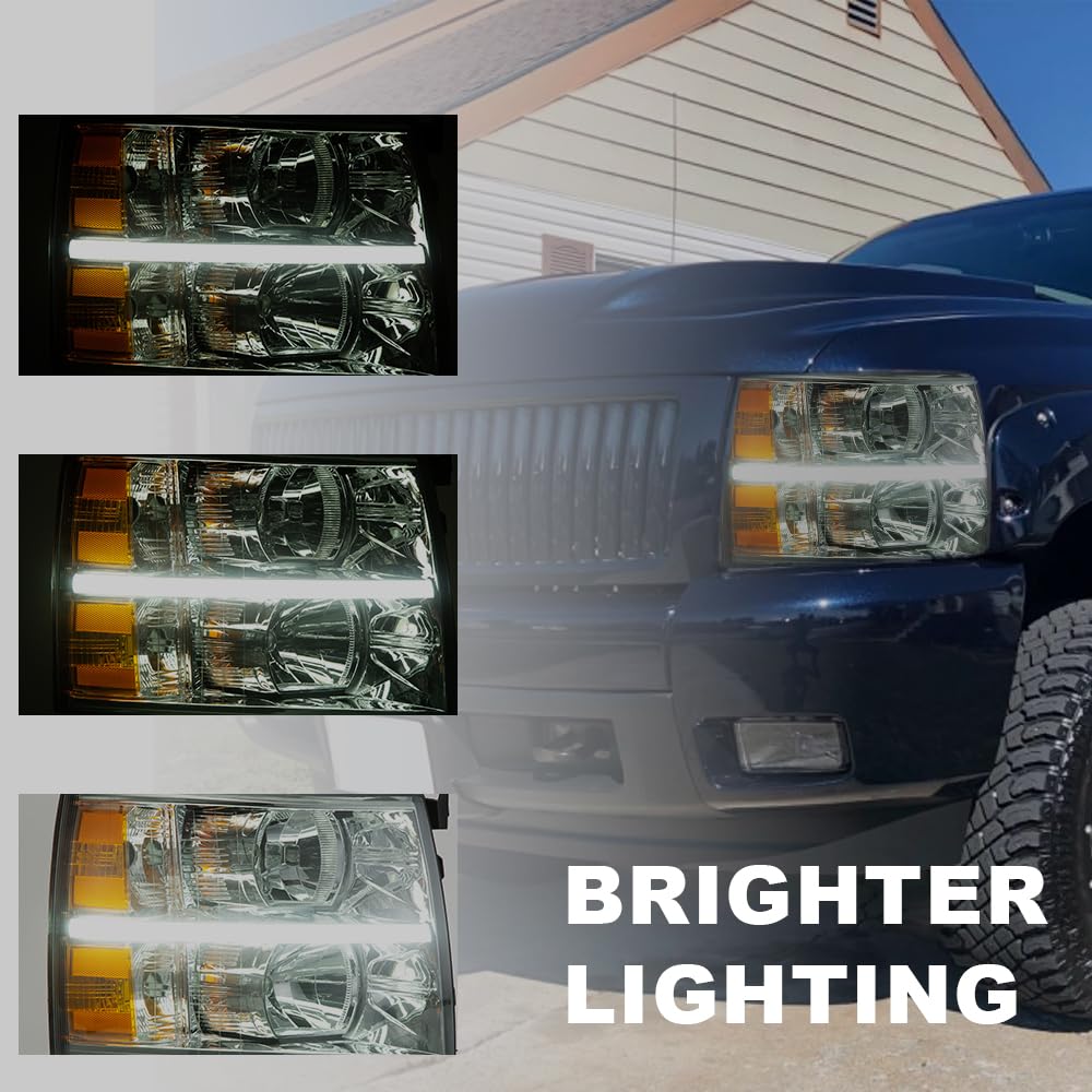 Cheda Led Drl Strip Headlights Compatible With 2007-2013 Chevy Silverado 1500 2500 3500 & Hd (Smoky Lens Chrome Housing Amber Re