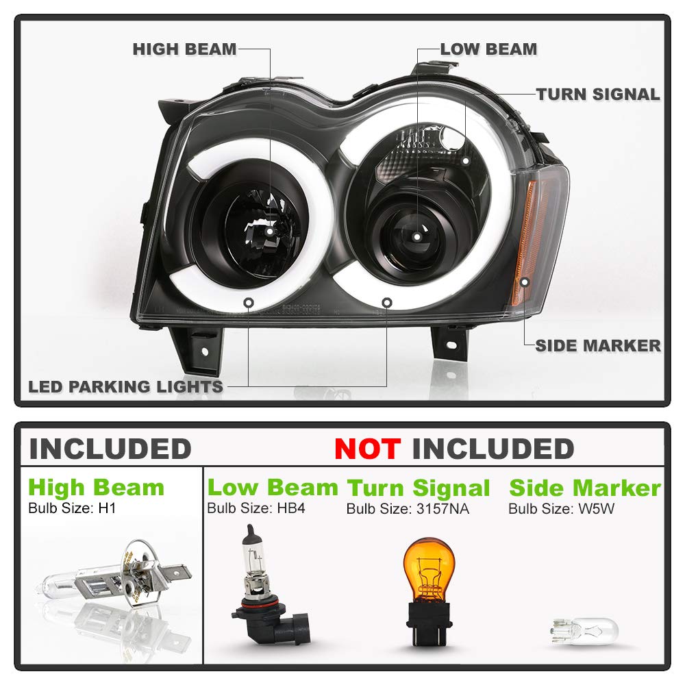 Acanii - For 2005-2007 Jeep Grand Cherokee Black Led Tube Projector Headlights Headlamps Assembly Driver & Passenger