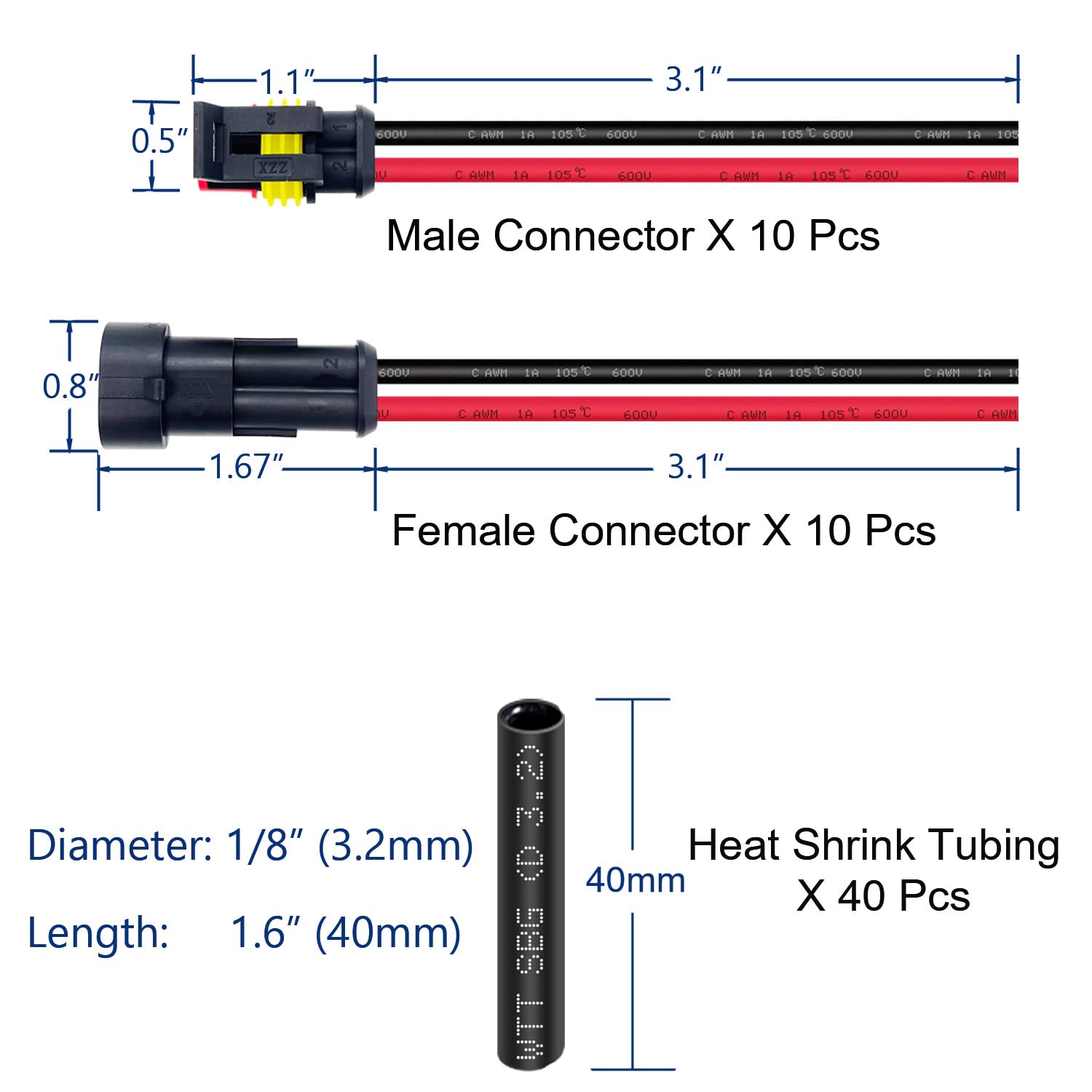 Twippo 10 Kit 16 AWG 2 Pin Connector Waterproof Wire Connectors 2 Pin Automotive Electrical Connectors Quick Disconnect 2 Wire C