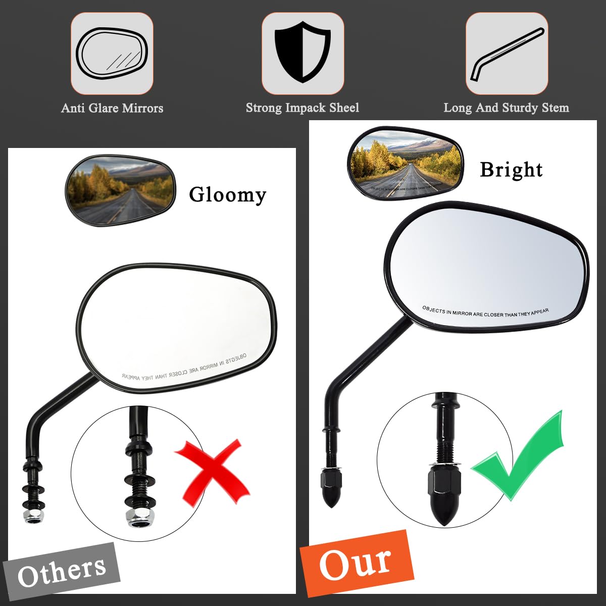 Fovplue Handlebar Mount Mirrors,Left & Right Side Long Stem Rearview Mirrors For 1982-2024 Harley Models,For Cvo Dyna Electra Glide Road Glide Road King Softail Street Glide Sportster 1200 883,Black