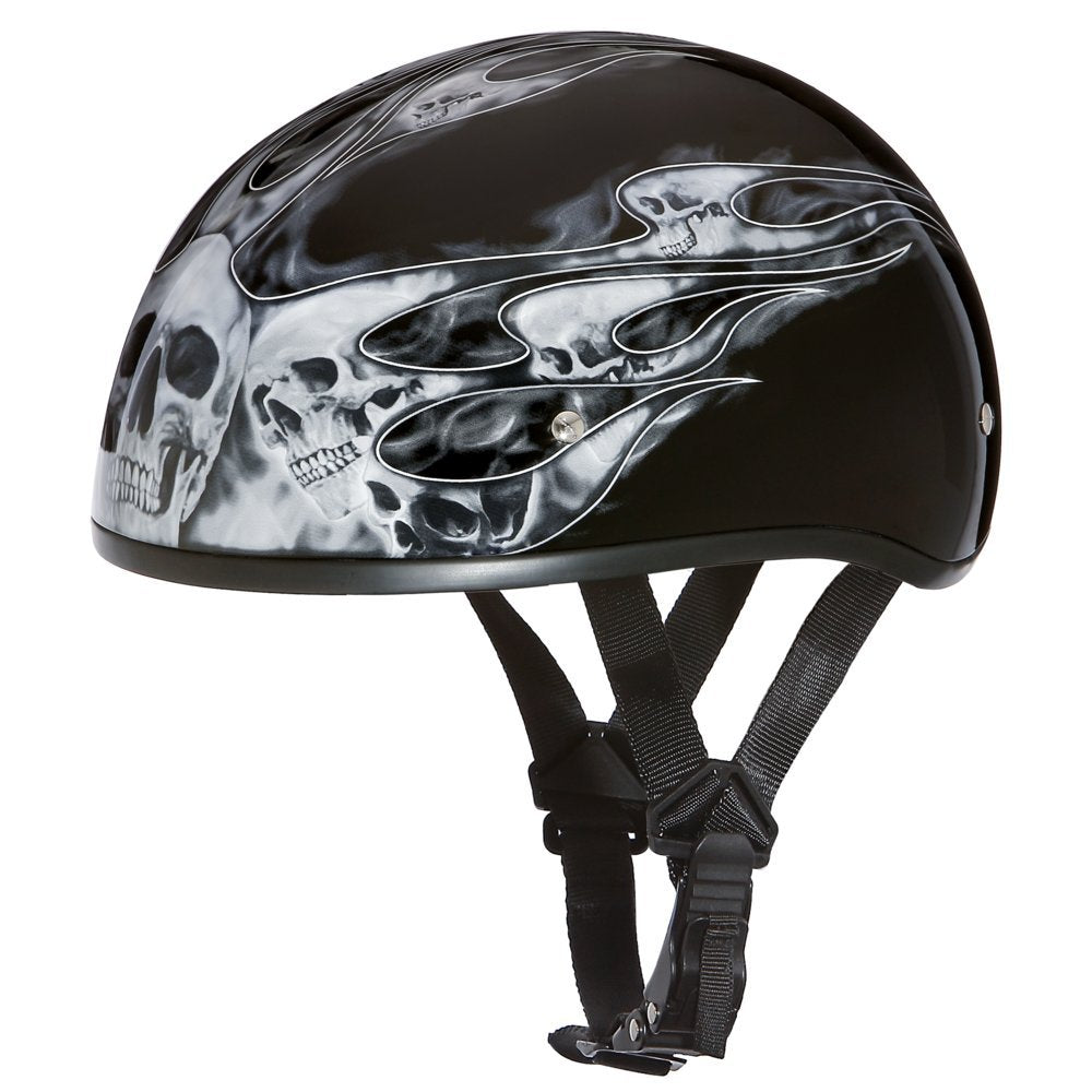 Daytona Helmets Motorcycle Half Helmet Skull Cap- Skull Flames Silver 100% Dot Approved