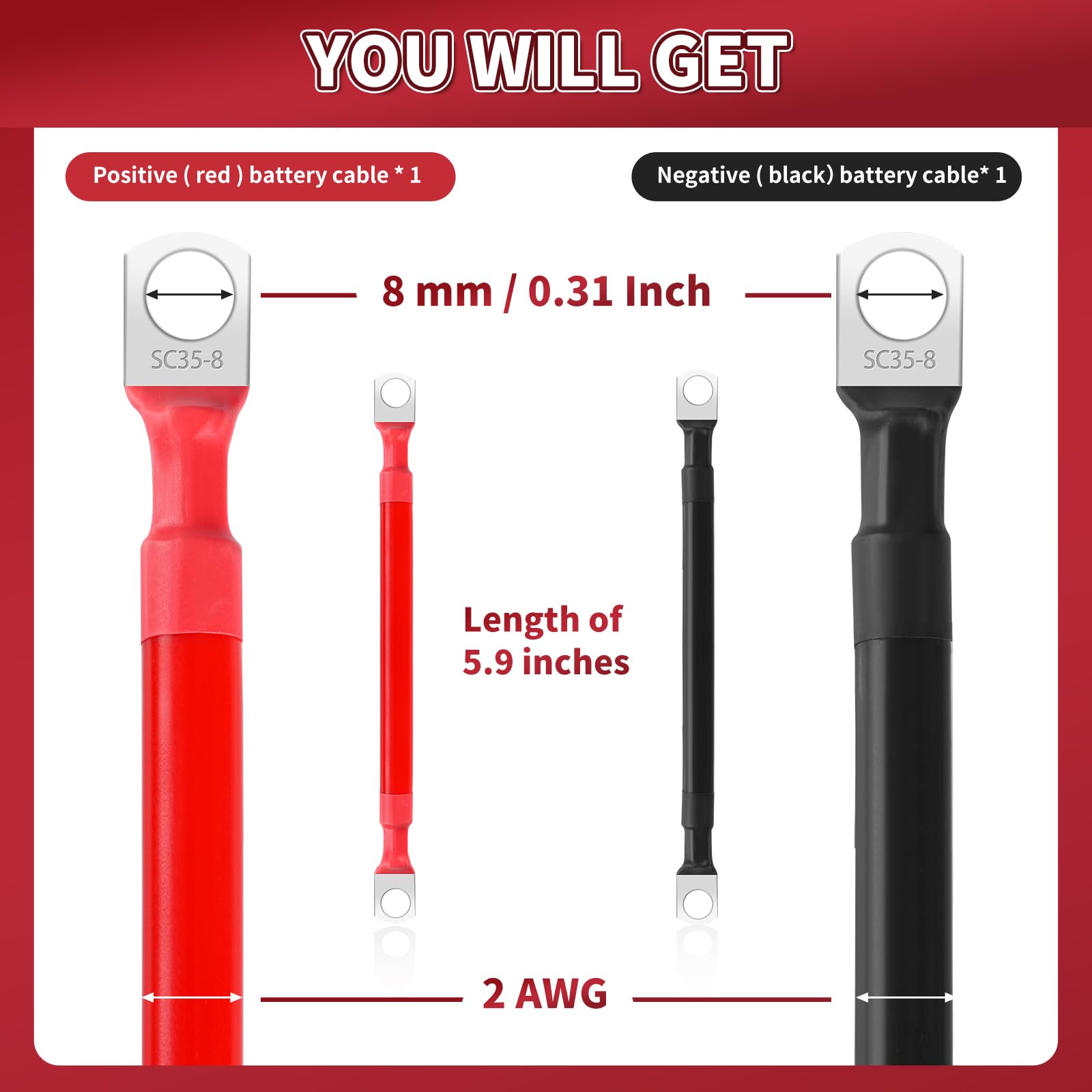 2 Awg Battery Cables, 5.9 Inch Battery Cables With M8 Ring Terminals, Marine Battery Cables Pure Copper, Battery Ground Cable Fo