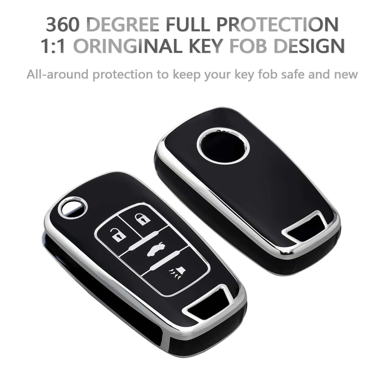 Offcurve For Chevy Buick Key Fob Cover, Tpu Key Fob Case Cover For Buick Encore Chevy Chevrolet Camaro Equinox Impala Sonic Trax Gmc Terrain Flip 4 Buttons, Black