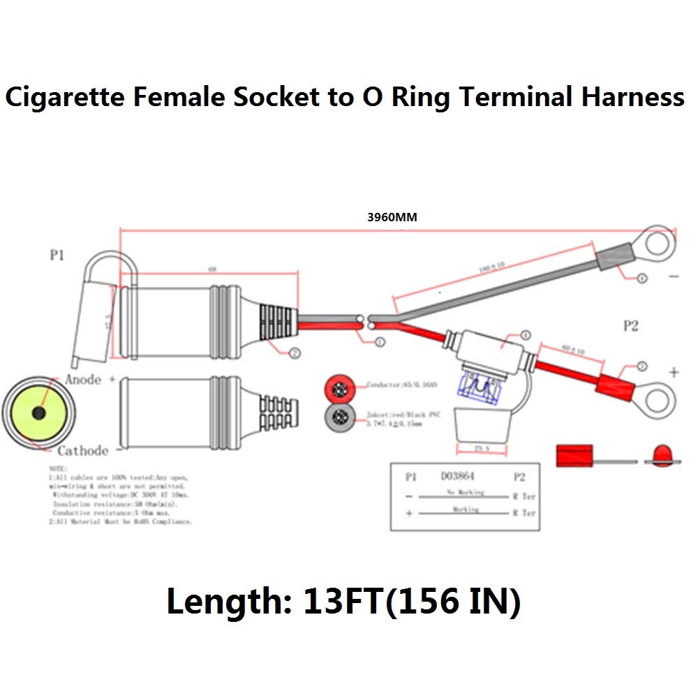 13Ft 12V Female Cigarette Lighter Socket Battery Eyelet Ring Terminal 12Volt Extension Cord Outlet Adapter Plug Power Supply Car