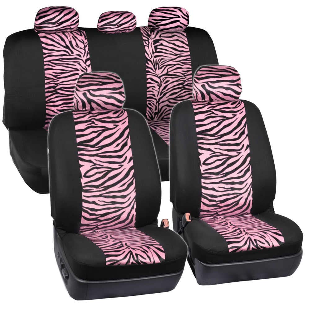 Bdk Velvet Zebra Pink Car Seat Covers, Full Set With Seat Belt Pads & Steering Wheel Cover, Universal Fit