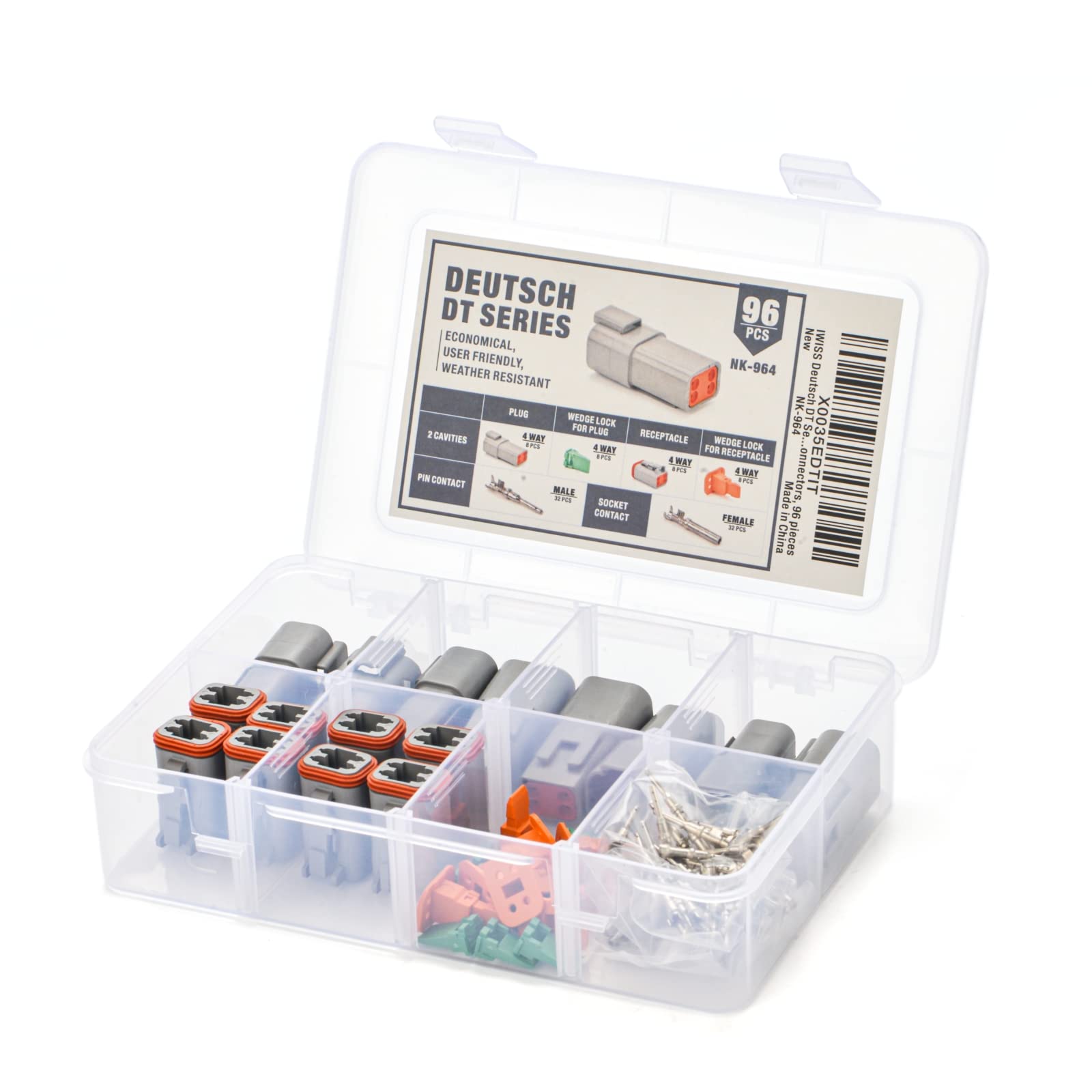 Iwiss Deutsch 4 Pin Way Dt Connector Kit, Size 16 Stamped Contacts 14-18Awg, Automotive Electrical Connectors, 96 Pieces