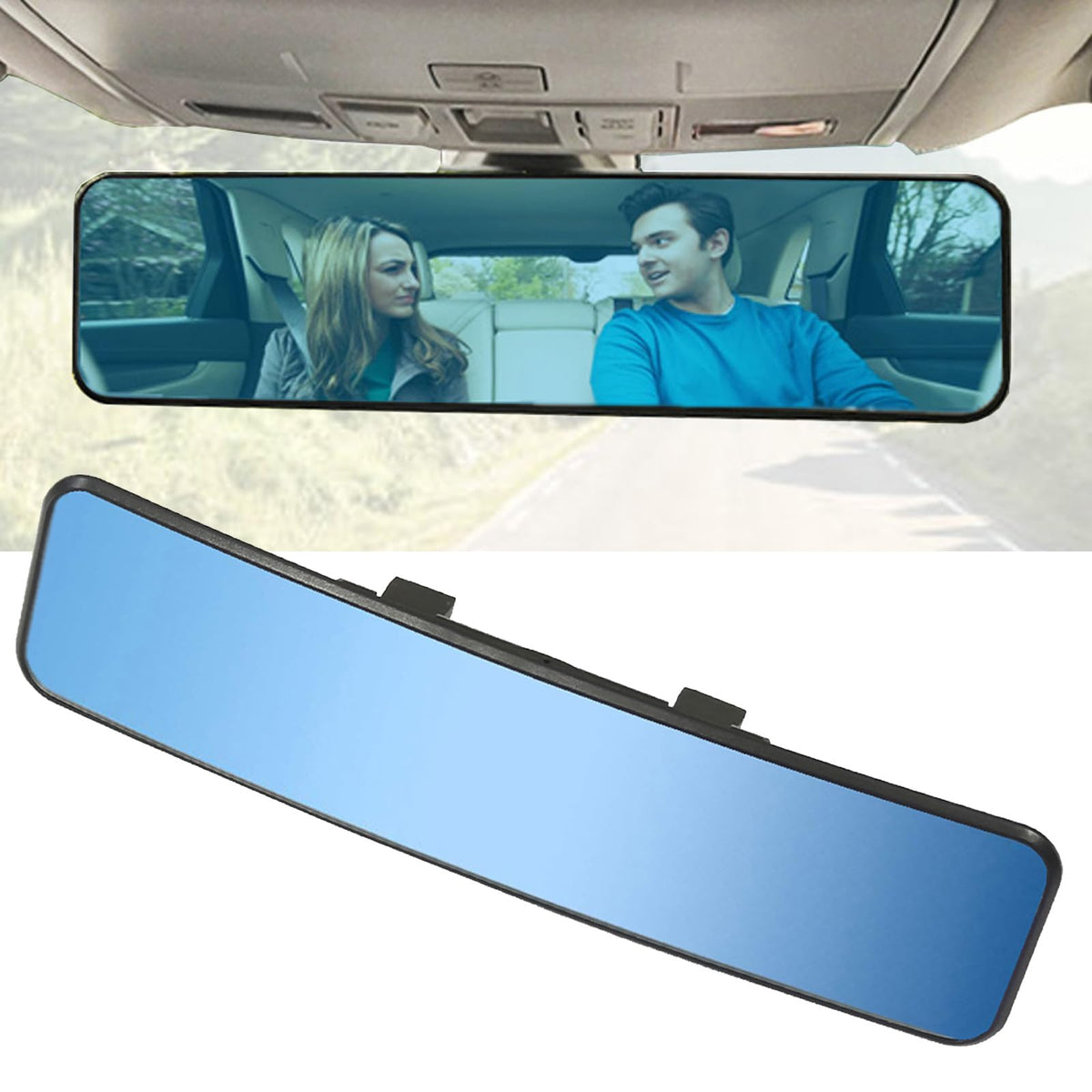 Kitbest Rear View Mirror, Universal 11.4 Inch Interior Clip On Rearview Mirror, Anti Glare Blue Tint Wide Angle Mirror - Panoram