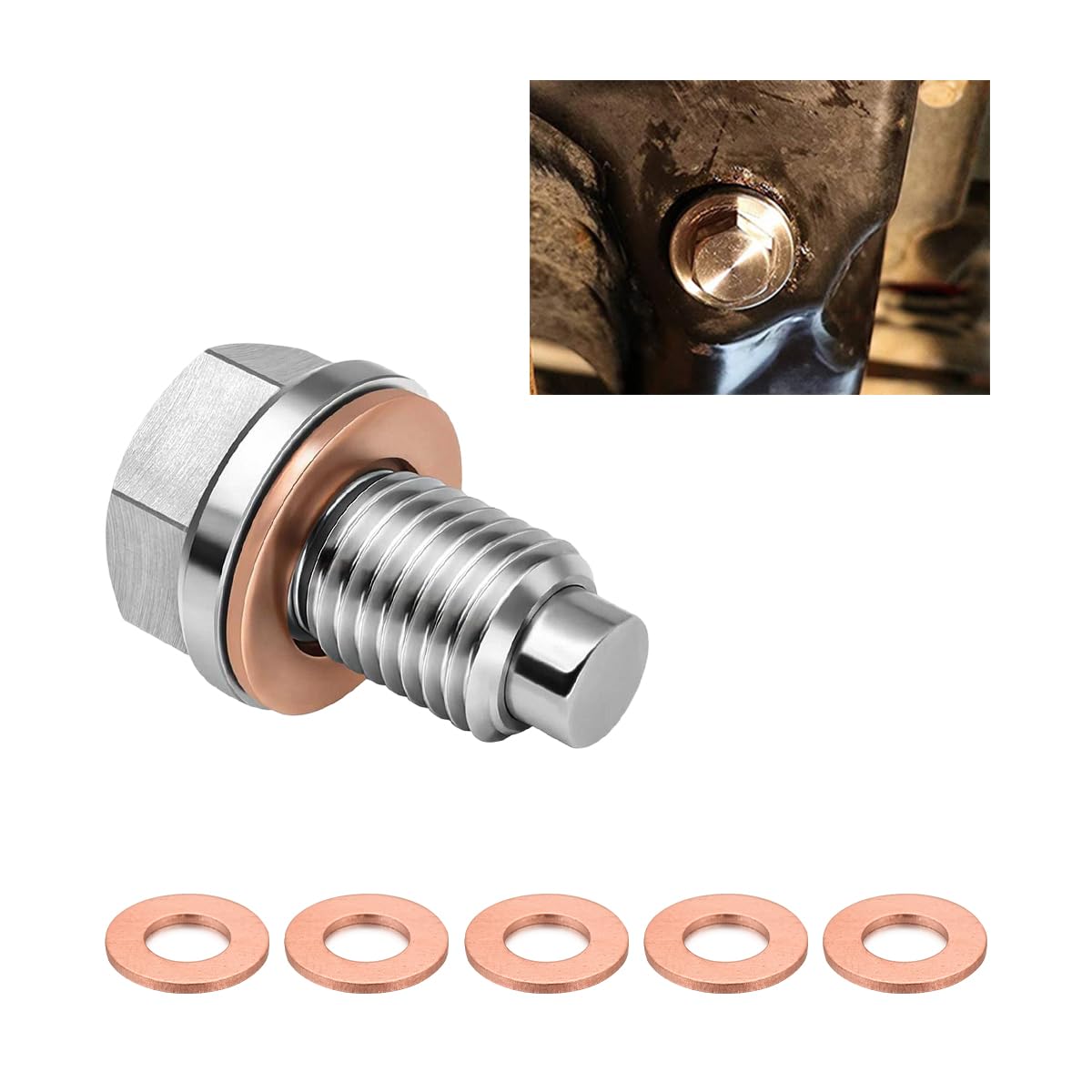 Dickno M12  1.5 Magnetic Oil Drain Plug, Aluminum Stainless Steel Sump Drain Nut Bolt with 5 Copper Crush Washer, Universal Leak