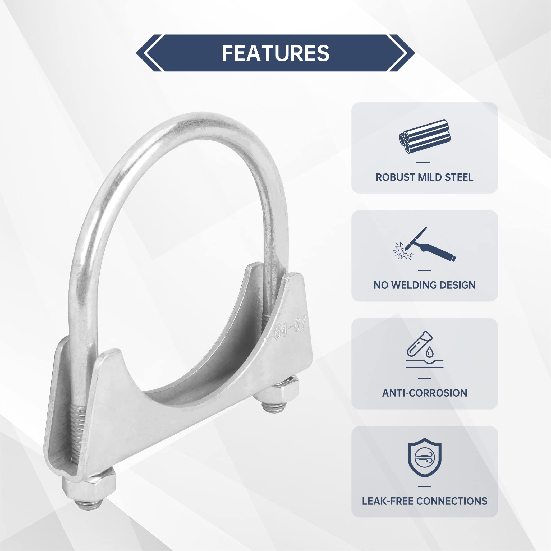 Batoneco 2.5'' U Bolt Clamp, Muffler Exhaust Clamps,2-1/2 Inch Saddle Style Heavy Duty Mild Steel(2-Pack)