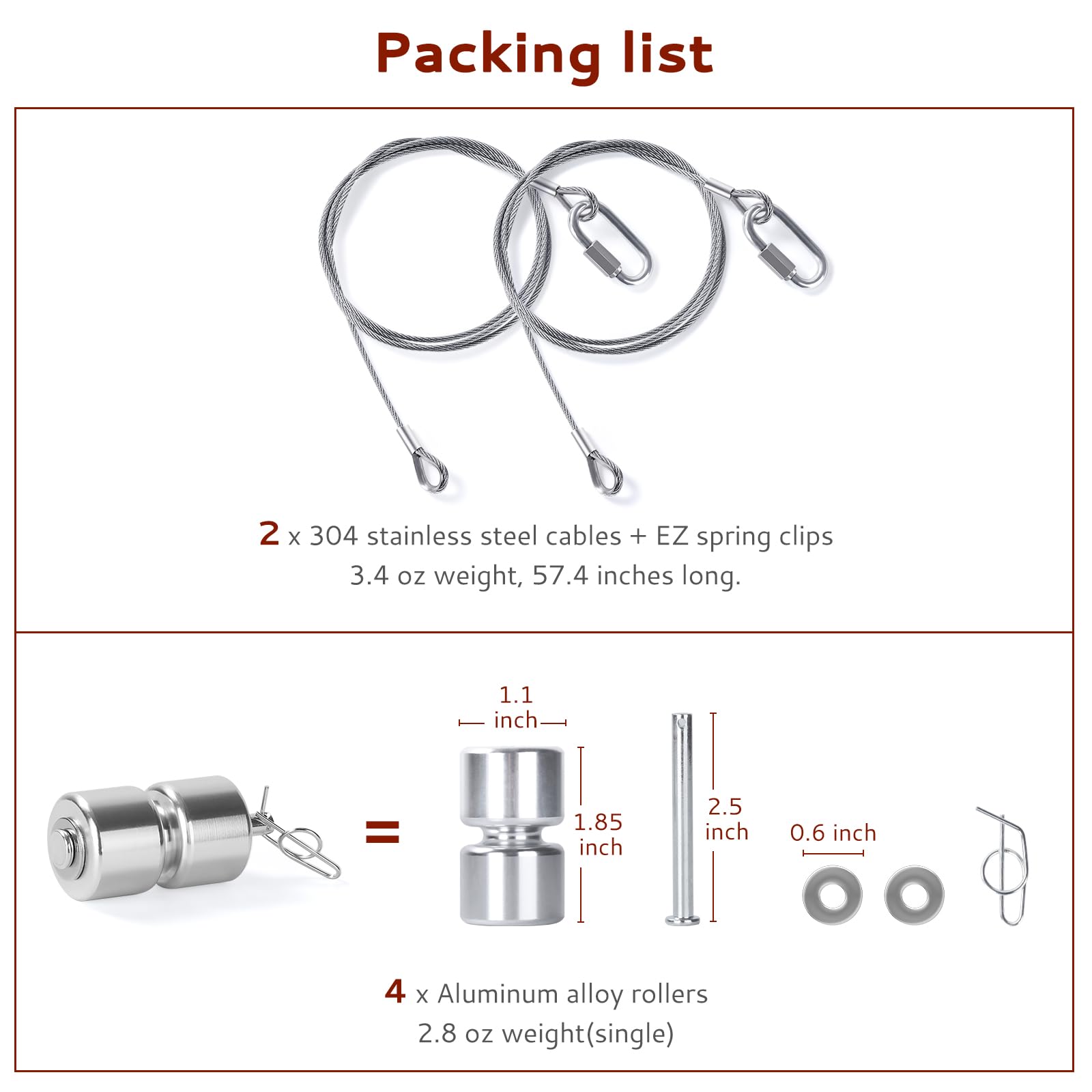 2Pcs Lift Cable Compatible With Gorilla Lift Trailer Gate Assist With Ez Spring Clips, With 4Pcs Aluminum Alloy Rollers Pins Washers, Fit For Open Utility Trailer Tailgate Ramp Lift Assist Kit