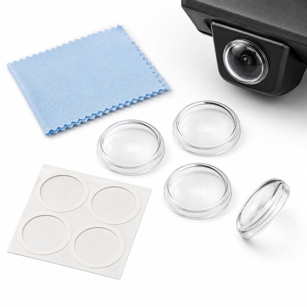 FEXLARO 4 Pcs Car Camera Lens Protector, 360 View Tempered Glass Cover with Adhesive Stickers & Cleaning Cloth, Waterproof Dustp