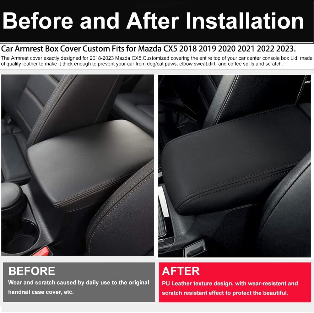 Auprite Center Console Cover For Mazda Cx5 2018-2023 2024, Auto Center Console Cover Pad Pu Leather Car Armrest Seat Box Cover Protector For Mazda Cx5 Accessories (Black With Black Stitches)