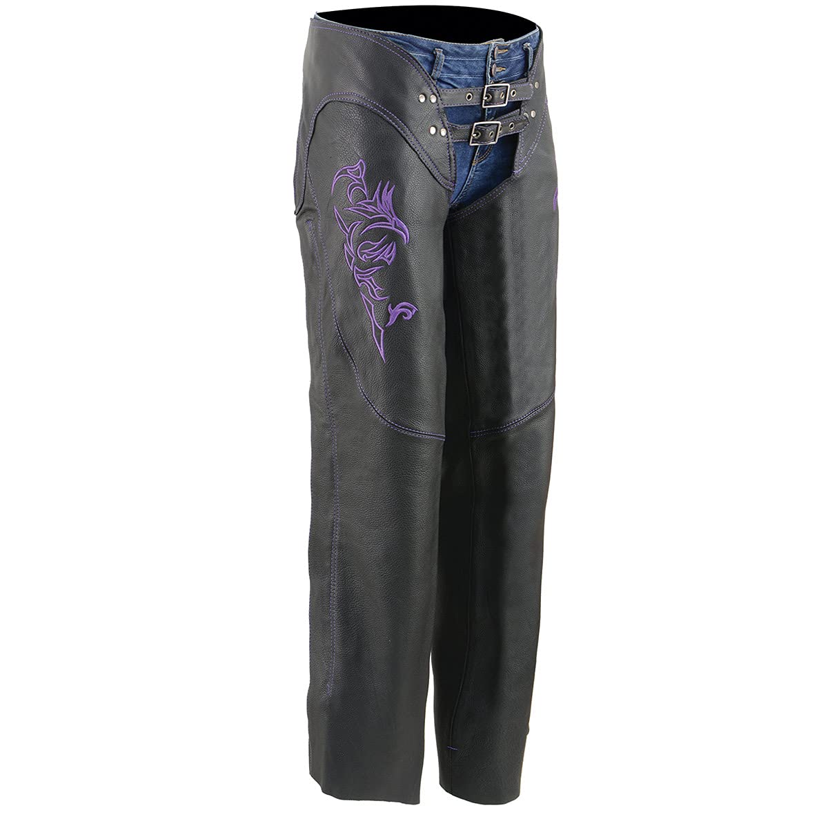 Milwaukee Leather Chaps for Women Black and Purple Low-Rise Waist- Double Buckle Reflective Embroidery Motorcycle Chap- ML1187-3