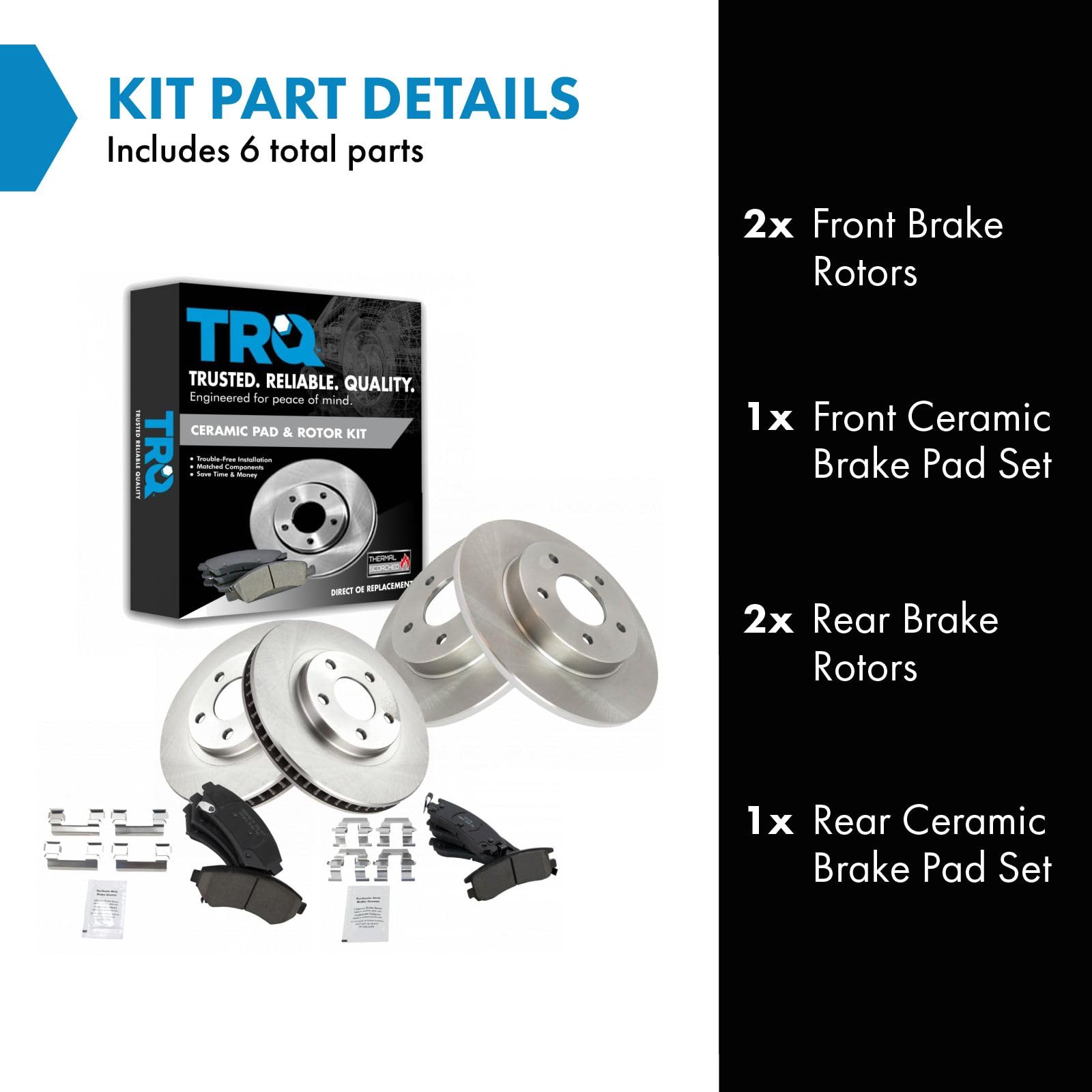 Trq Front & Rear Brake Pad & Rotor Kit Ceramic Compatible With 1997-1999 Buick Park Avenue 1997-1998 Riviera Cadillac Deville 19