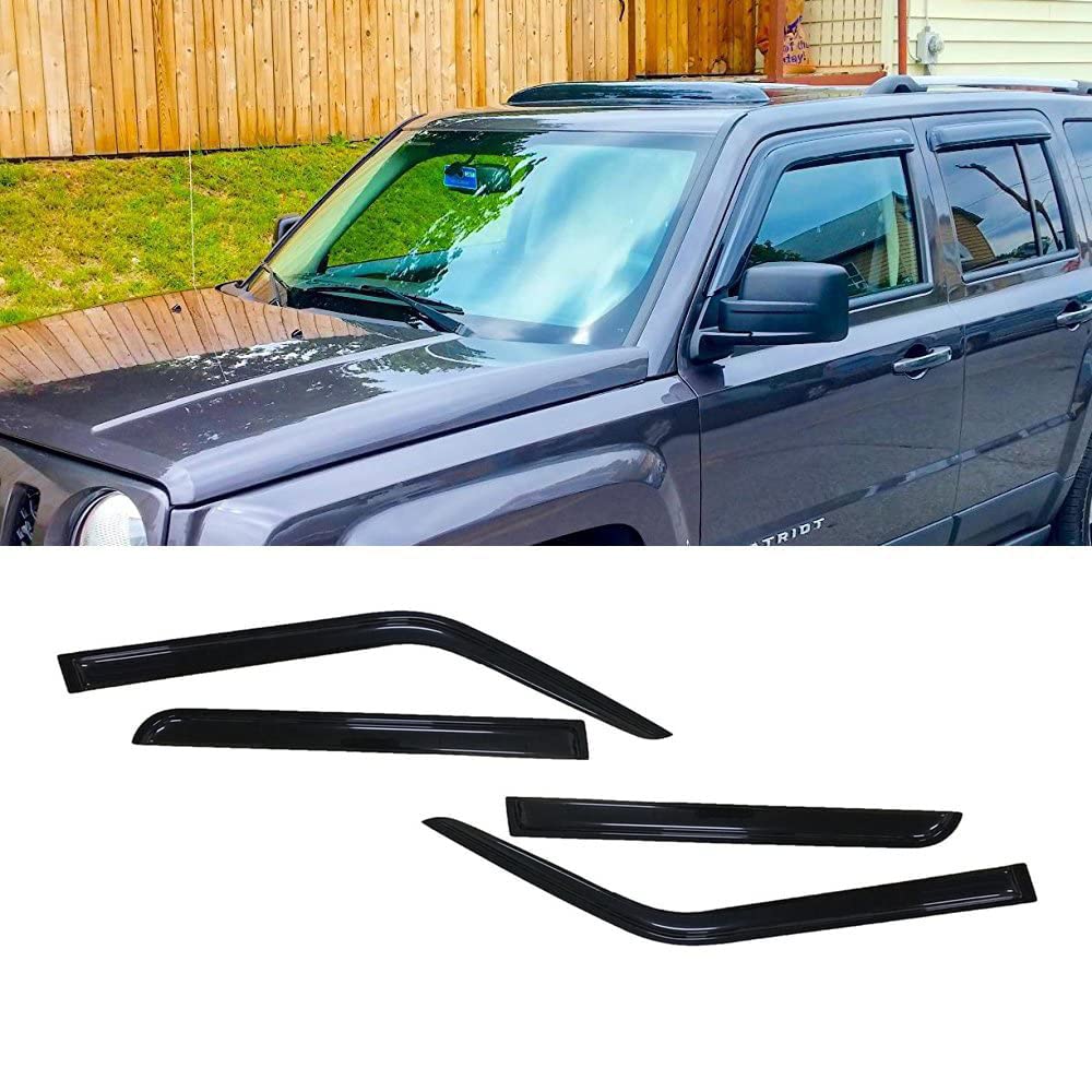Zzdsnj Tape-On Window Visors 4-Piece For 2007-2018 Jeep Patriot Sun Rain Guard Shield Shade Smoke 94359