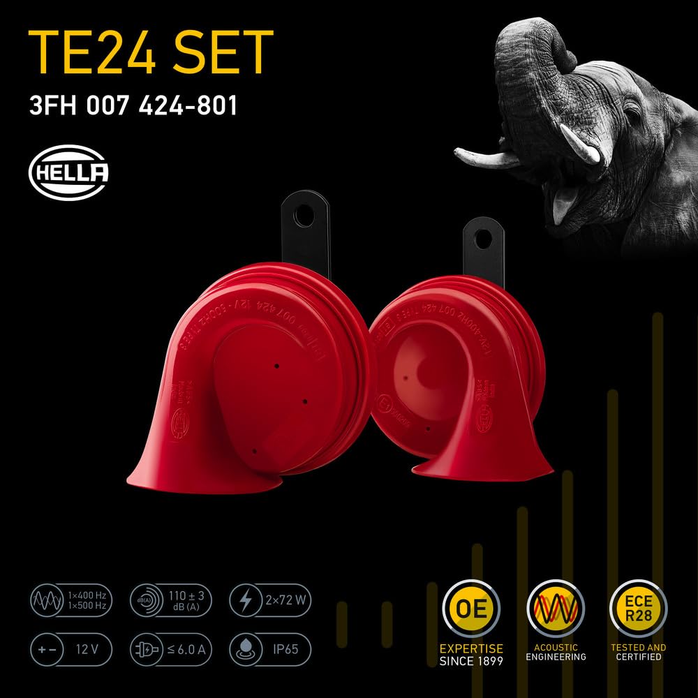 Hella 007424801 Twin Trumpet High/Low Tone 12V Horn Kit With Bracket, Red