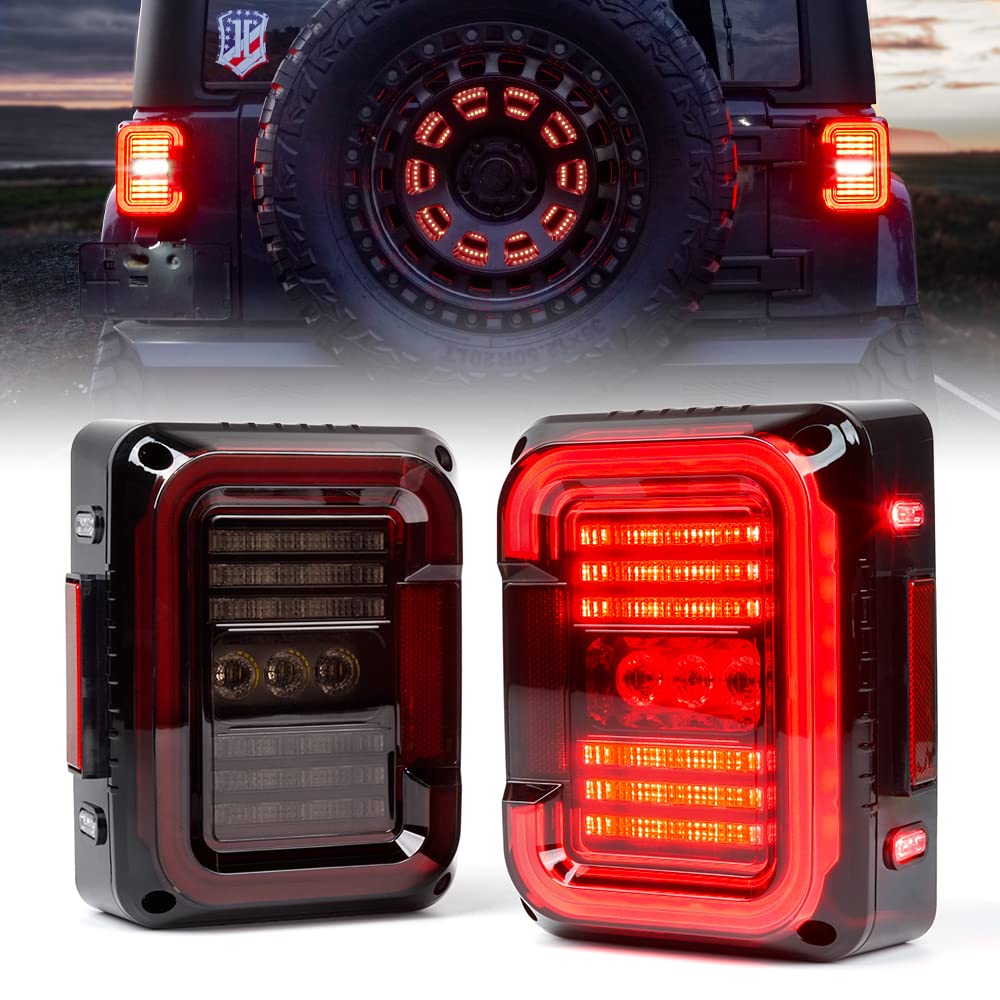 Xprite C-Shaped Led Tail Lights Compatible Jeep Jk Jku Sport/Sahara/Rubicon 07-18 Unlimited | Smoke Lens | Emc | Dot | Running/B