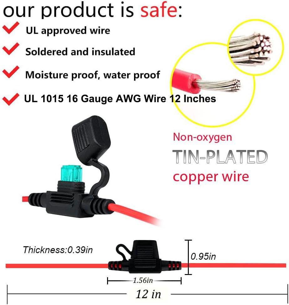 VANTRONIK Waterproof Inline Fuse Holder 6 Pack for Mini Fuse, 16 Gauge AWG Wire UL1015, Fit for ATM Blade Fuse, 12 Inches Long