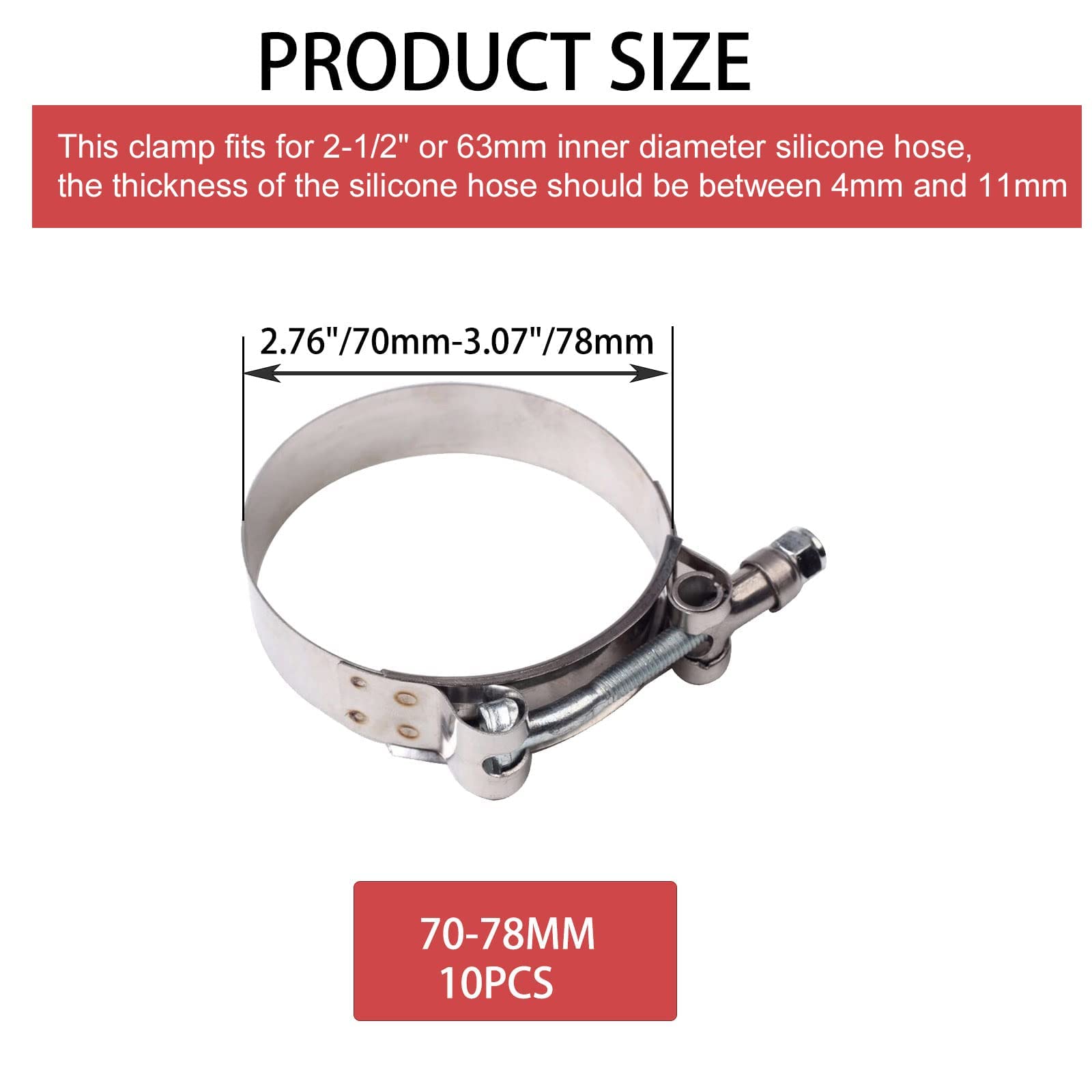 10Pcs 70Mm - 78Mm Stainless Steel T-Bolt Clamps Turbo Intake Intercooler Clamp For 2-1/2' Hose